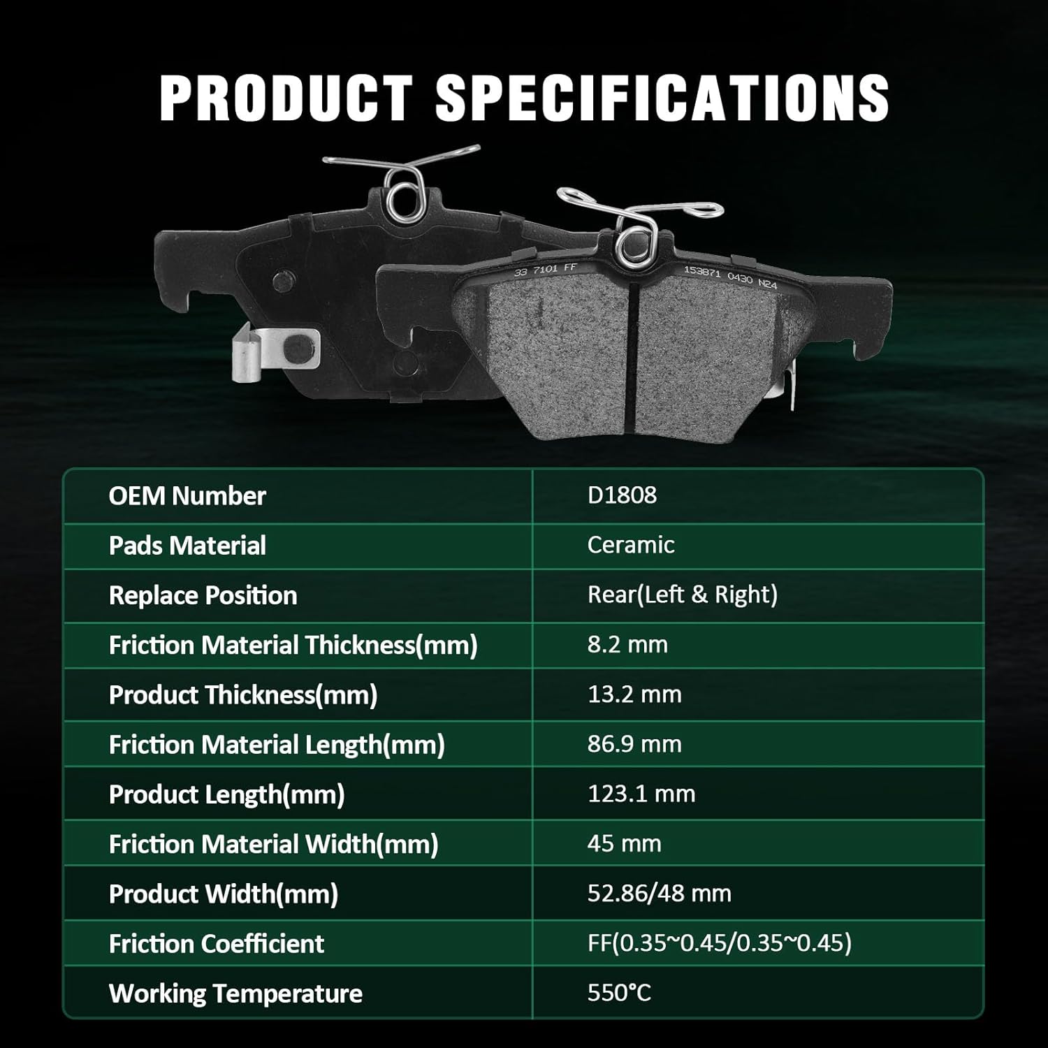 AUTOMUTO 4PCS Rear Ceramic Disc Brake Pads Set - D1808 For Subaru Ascent, Crosstrek, Forester, Legacy, Outback, WRX