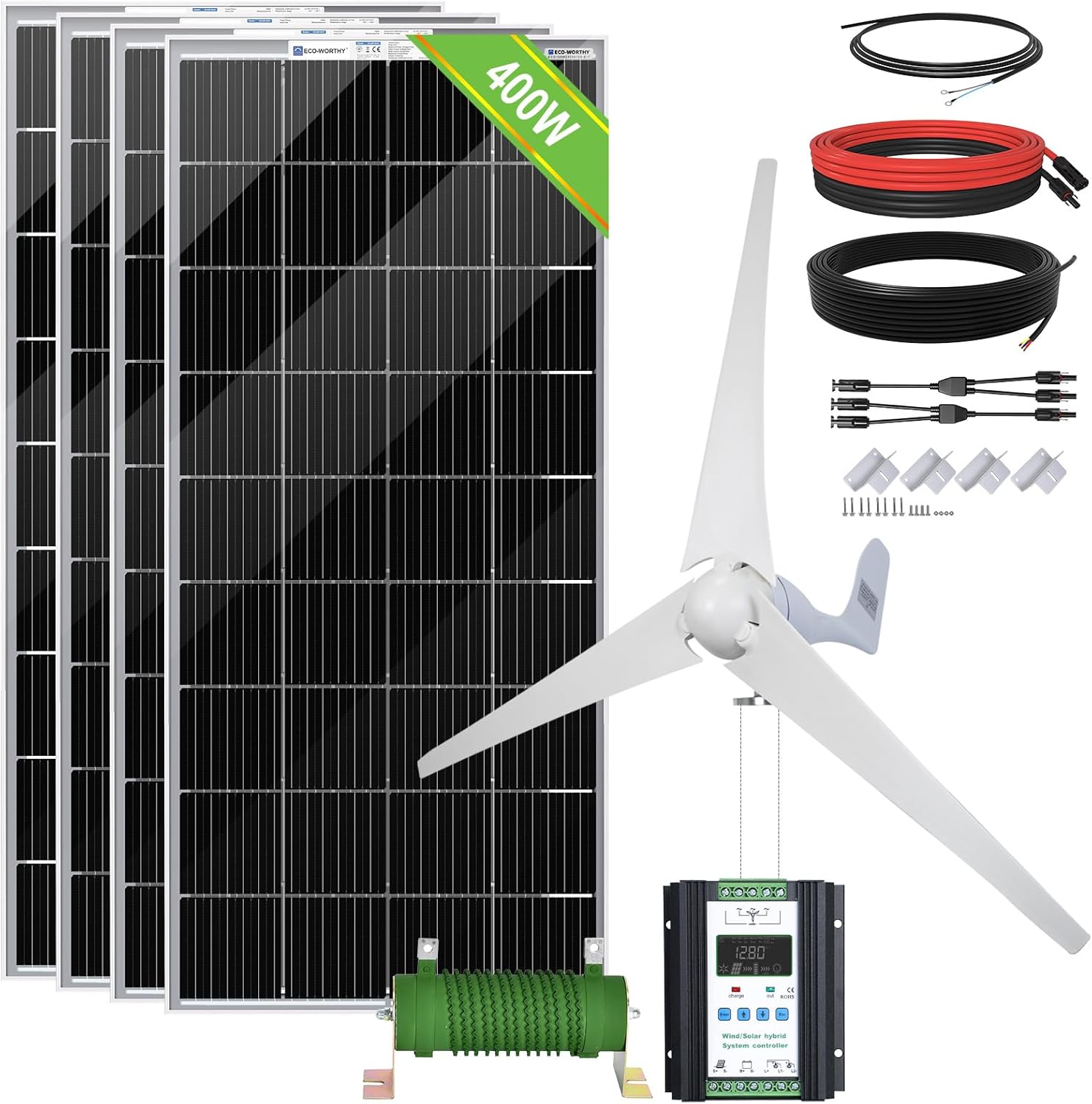 ECOWORTHY 800W Solar Wind Power Kit 4Pcs 100W Bifacial