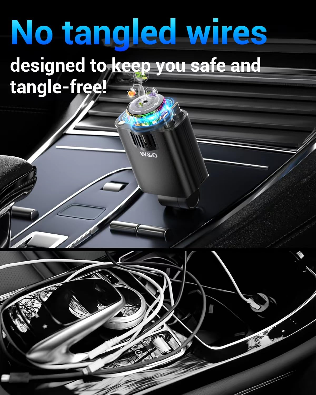 W&O - Cargador de coche de carga rápida para iPhone, cargador retráctil 5 en 1 de 69 W con aromaterapia y luz de estrellas, adaptador de encendedor de cigarrillos, regalos para mujeres y hombres