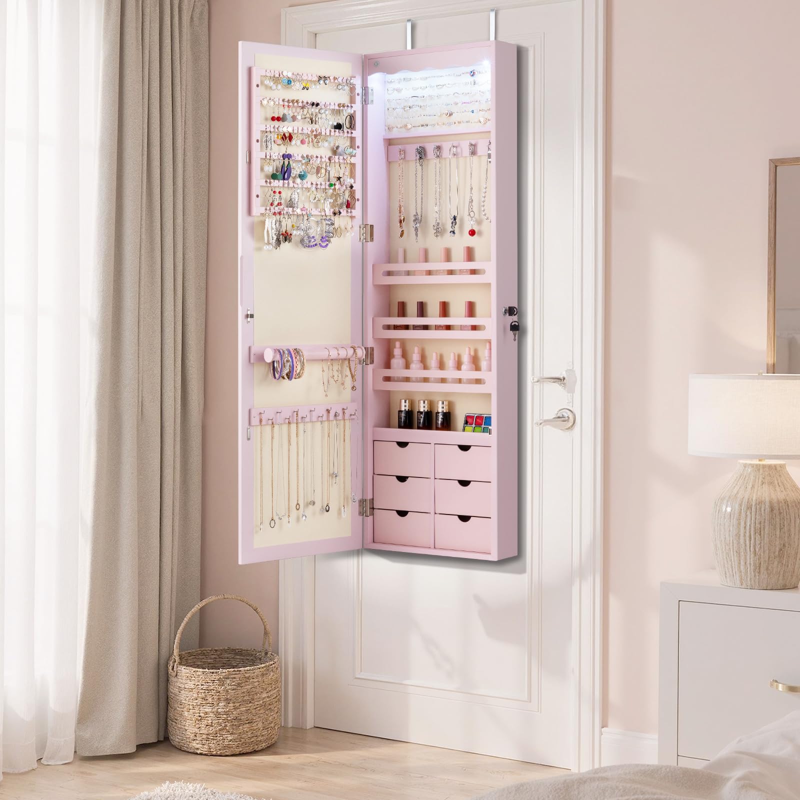 RELAX4LIFE Armoire à Bijoux Murale avec Miroir, 5 Lumières Automatiques, Miroir Rangement Bijoux avec 6 Tiroirs pour Boucles d'Oreilles Colliers Cosmétiques (Rose | Tiroir en MDF)