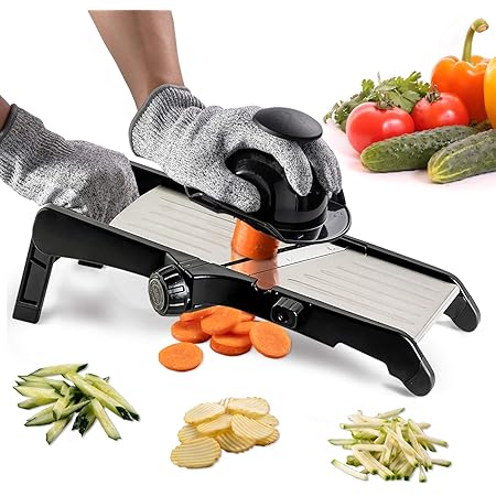 Mandoline Slicer for Food and Vegetables -VEKAYA Adjustable Kitchen Vegetable Slicer For Potatoes and Onion| French Fry Slicer, Vegetable Chopper and Cutter with Waffle Maker and Gloves (Black)