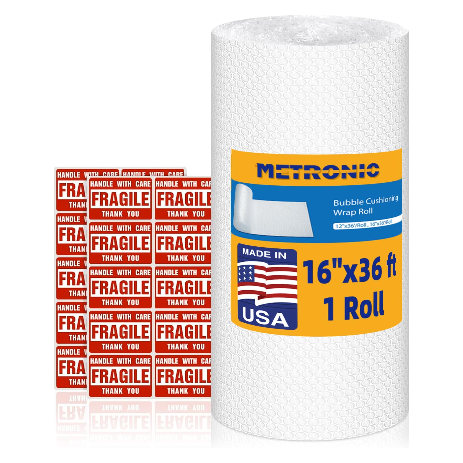 Metronic Bubble Cushioning Wrap 16 Inch x 36 FT 1 Pack, Dense Bubble Wrap for Packing and Moving Supplies, Perforated Every 12"