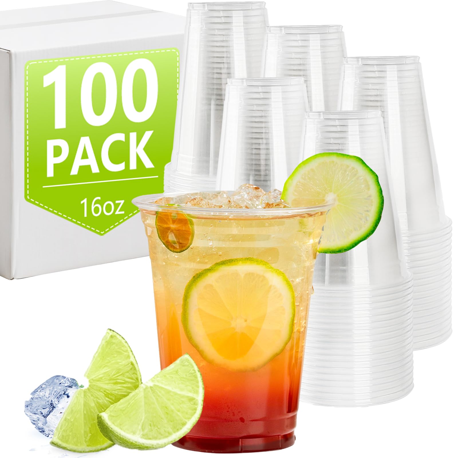 NutriBox 16 oz Plastic Cups 100 Pack, BPA Free Disposable Cups, Extra Thick Plastic Cup, Sturdy Party Cup for Birthday, Wedding, Graduation,