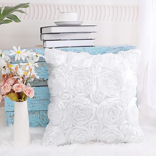 Miniatura 4 de PiccoCasa - Funda de almohada decorativa romántica de satén con diseño de flores 3D, funda de almohada con rosas estéreas, para cama, sofá, 16 x 16
