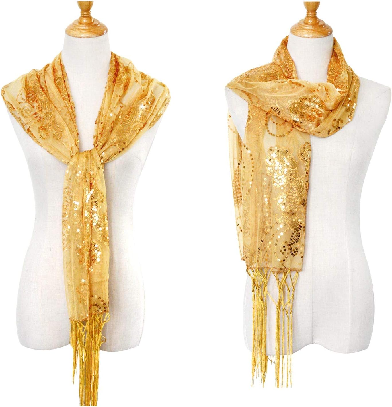 L'VOW Women's Glittering 1920s Scarf Mesh Sequin Wedding Cape Fringed Evening Shawl Wrap - Image 4