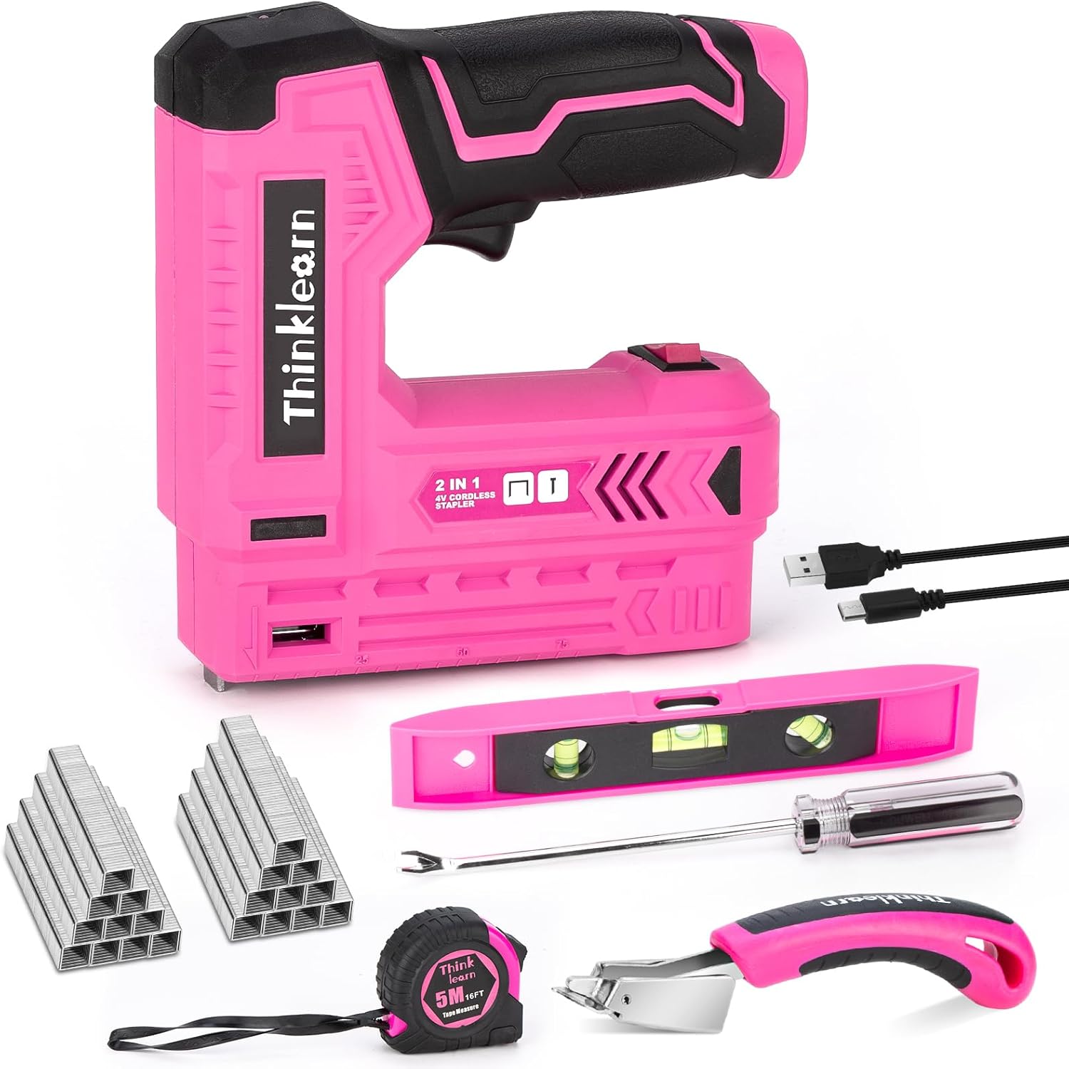 Pink Electric Staple Gun, 7PCS 2 in 1 Cordless Stapler Nail Gun Set with 2500pcs Staples Nails, 4V Brad Nailer Tacker for Upholstery, Wood, Carpentry, Crafts, DIY, Brad Nailer Kit with USB Charger