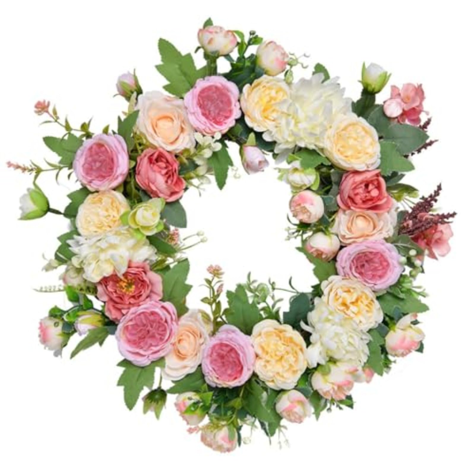 Spring Summer Outdoor Wreath, 45cm Pink Cream Rose Peony Floral Wreath for Front Door, All Season Summer Wreath with Greenery (45CM)
