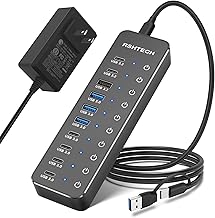 USB Hub with Power Supply, 10 Port Extension, USB-C x 6, USB-A, High Speed Data Transfer, Self-Powered/Bus-Powered, USB Hub, 12V/5A, 60W, AC Adapter, Independent Switch, Aluminum Alloy, Includes