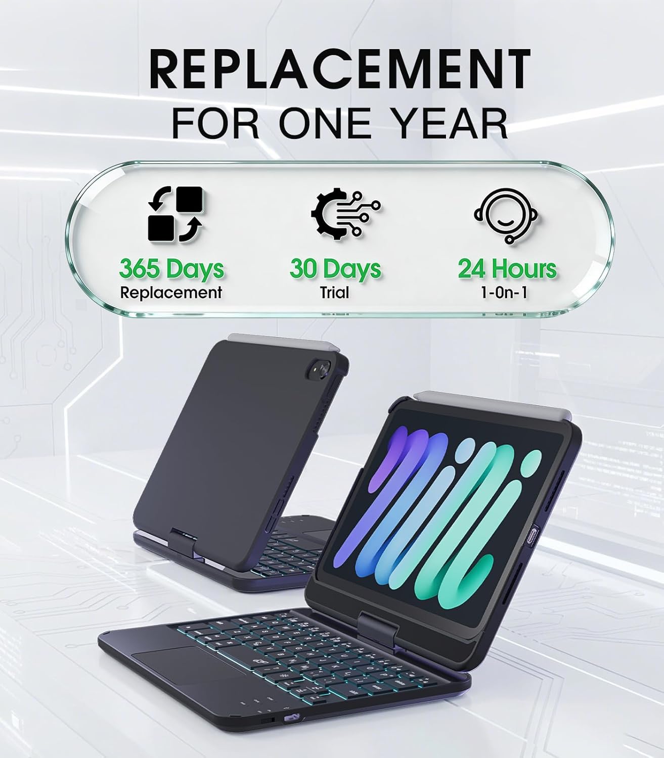 BABG Keyboard Case for iPad Mini 7 (A17 Pro, 2024) & Mini 6 (8.3 Inch) - 360° Rotatable &180° Flip Stand with Multi-Touch Trackpad, 7-Color Backlit Wireless Keyboard Cover, Rechargeable Battery, Black