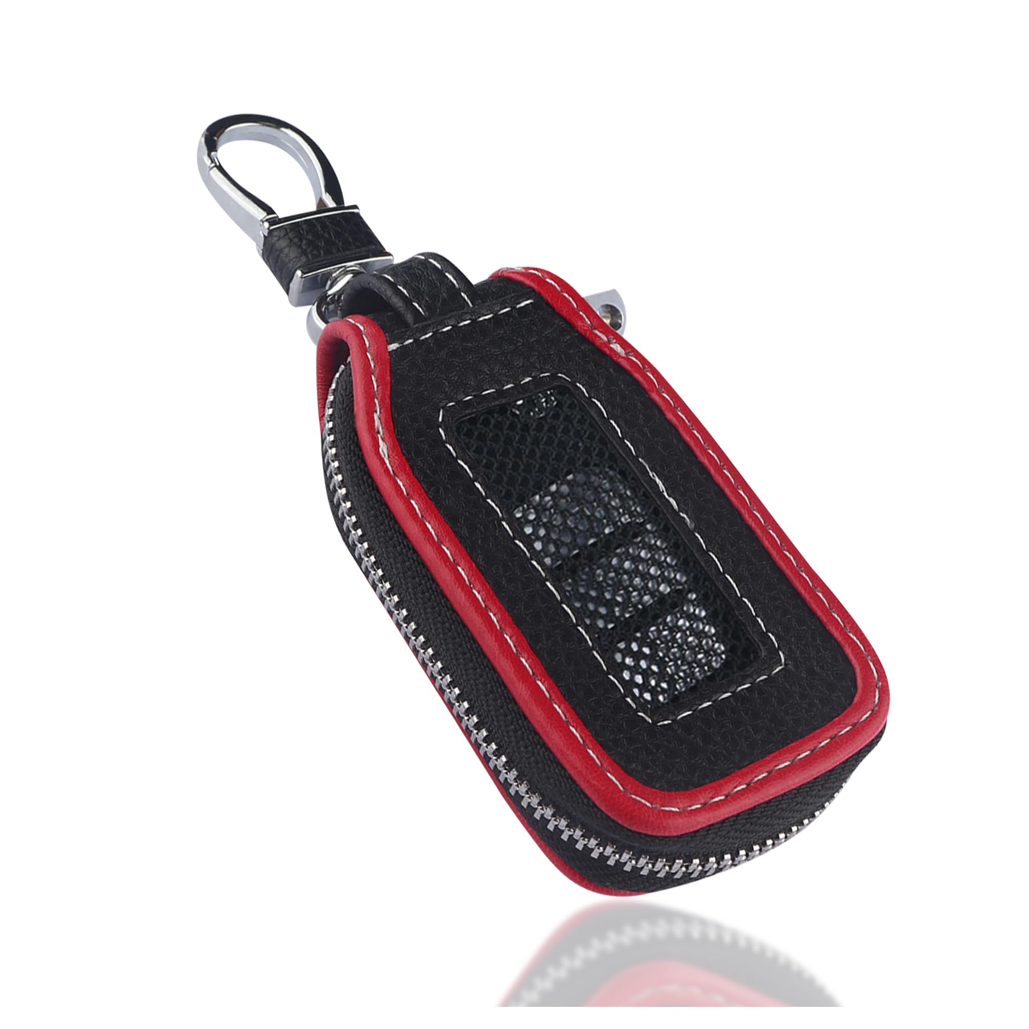 Leather Car Key Fob Cover with Mesh Window,Universal Key Fob Case Key Fob Protector Car Accessories for Protecting Keys (Black/Red)