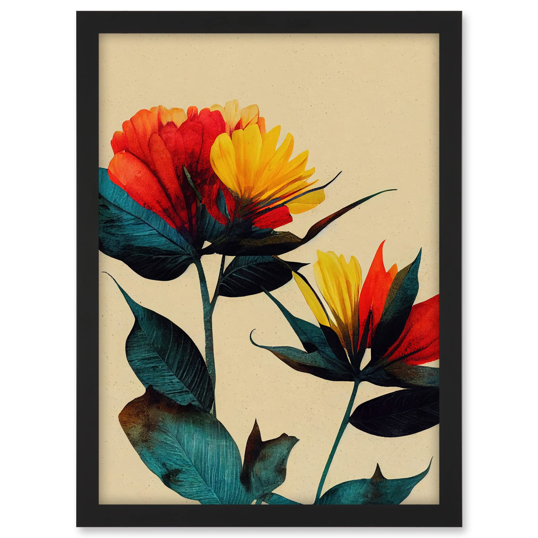 Wee Blue Coo Botanical Bold Flowering Yellow Red Teal Artwork Framed A3 Wall Art Print