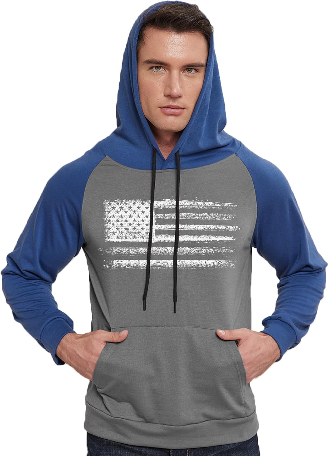 H HYFOL Men's Sweatshirt USA FLAG Patriotic Graphic Polyester Hoodies for Men Pocket Raglan Long Sleeve Sweatshirts - Image 2