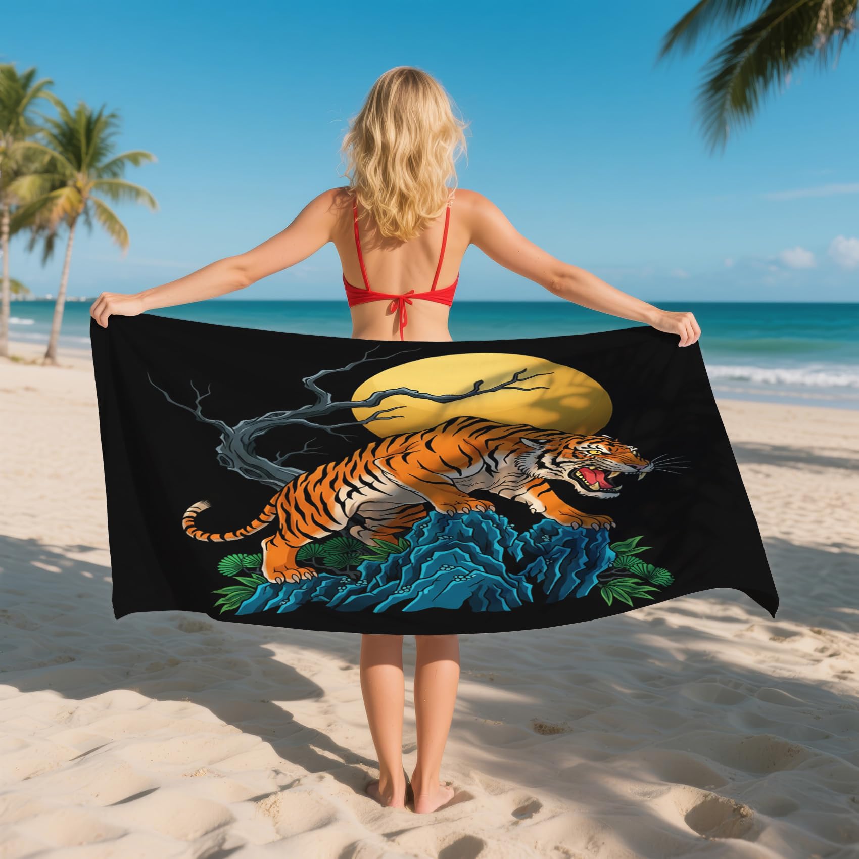 Serviette de Plage XXL Microfibre Tigre Style Asiatique Japonais, Drap de Plage Séchage Rapide Anti Sable & Légère, Serviette de Bain Grande Taille 150x200 cm, Accessoire & Cadeau été