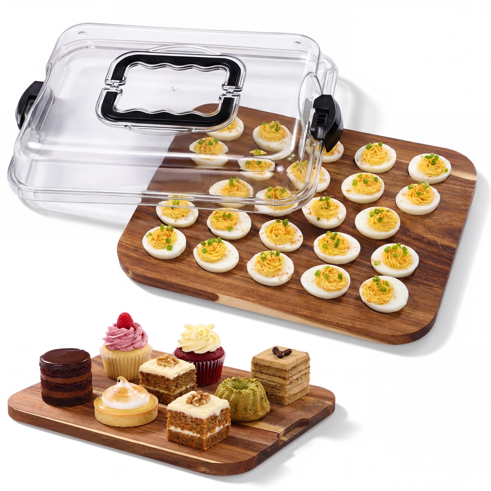 Baderke Easter Acacia Wood Deviled Egg Platter with Lid 24 Holes 15 x 11.3 Inch Deviled Egg Tray Reversible Wooden Charcuterie Board Serving Containers for Home Countertop Party Kitchen