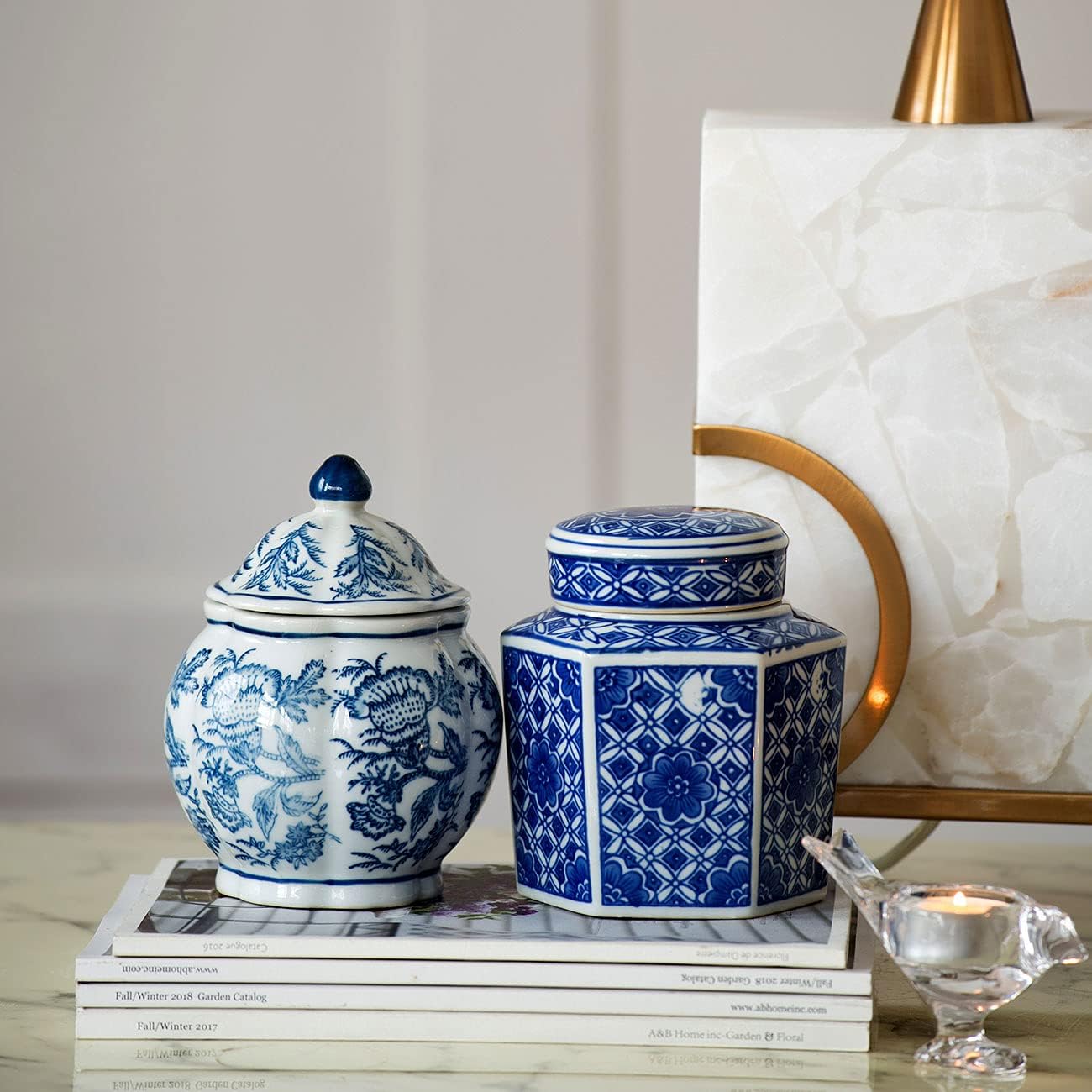 A&B Home 5" Decorative Porcelain Jars Set of 3 Glazed Hand Painted Blue White Ceramic Vase with Lid Centerpiece Ginger Jar Asian Décor