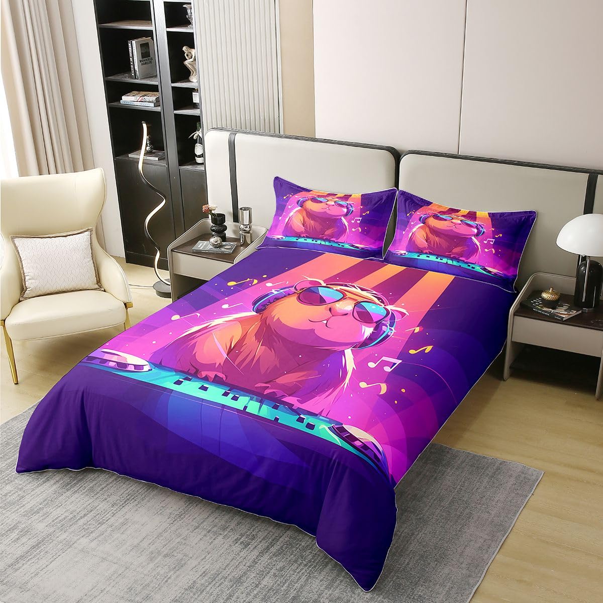 Manfei Set di biancheria da letto con simpatico porcellino d'India, per ragazzi e ragazze, divertente, motivo criceto, animale, musica hip hop, viola, decorazione per camera da letto, 2 pezzi, per