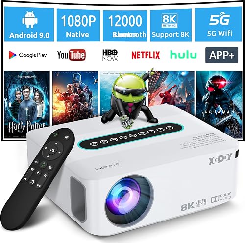 4K Supported Projector with 5G WiFi Bluetooth, XGODY X1 Android TV Portable Smart Projector Native 1080P, 12000 Lumens4D Correction Zoom Function Home Movie HD Video Projector Dolby Speaker with Apps