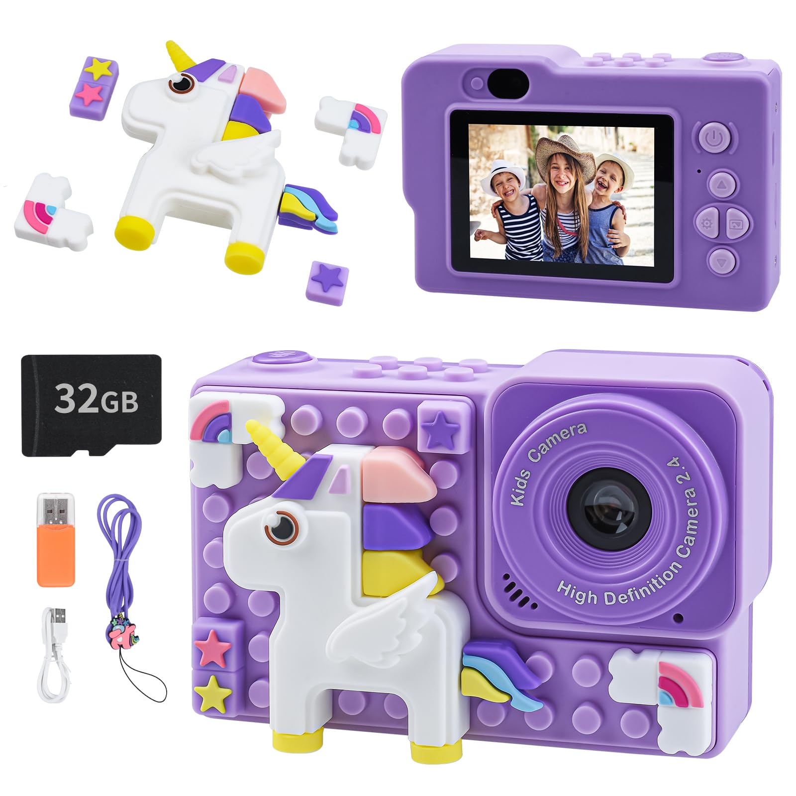 Kids Camera for Boys and Girls, Children Digital Video Toy Camera with Unicorn Silicone Building Blocks, Selfie Camera for Kids, Christmas Birthday Festival Gifts for Age Above 6 with 32GB SD Card