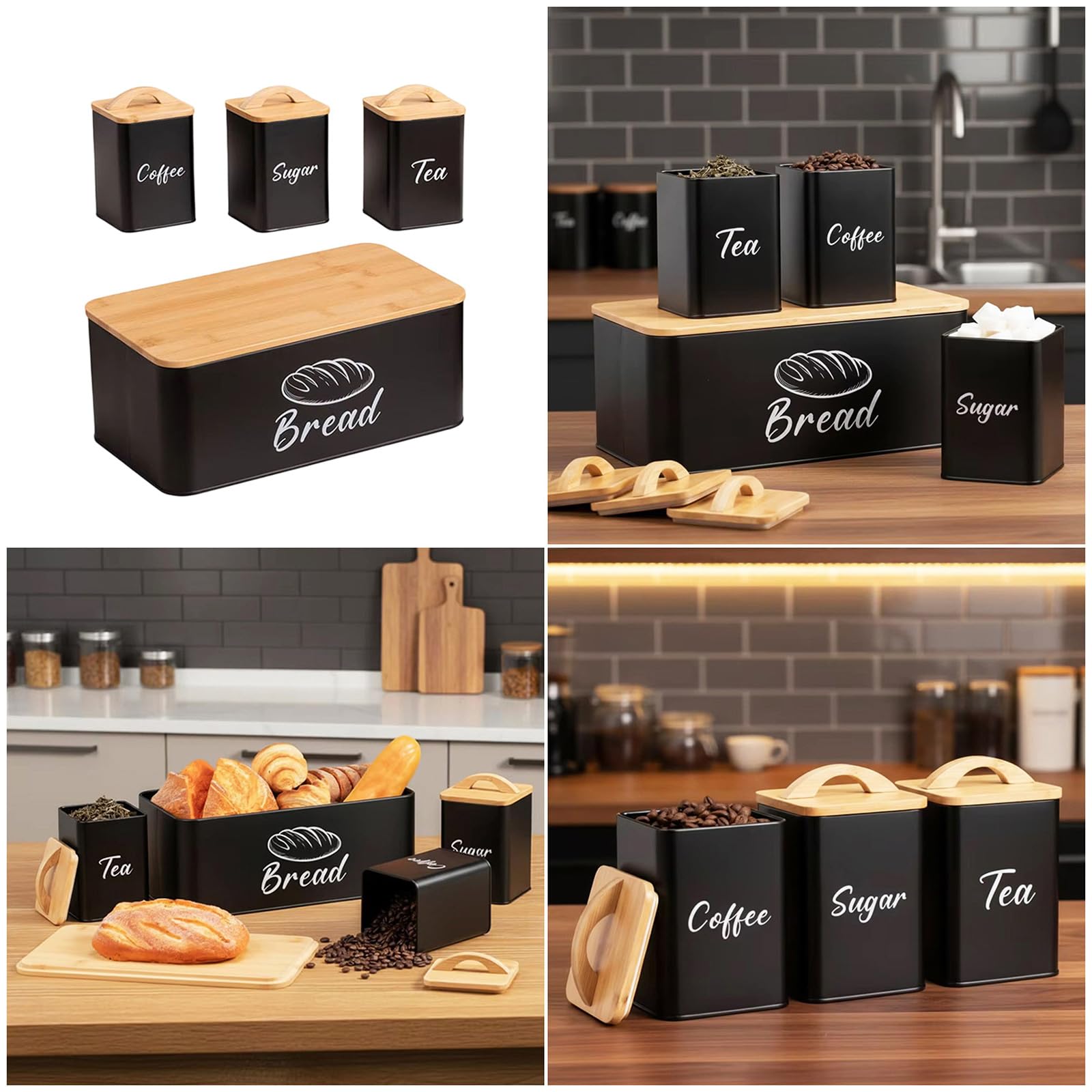4 Vorratsdosen aus Holz und Edelstahl für Kaffee, Zucker, Brot mit luftdichtem Verschluss, moderne Küchen, Aufbewahrungsdosen für Kaffee, Zucker, Brot