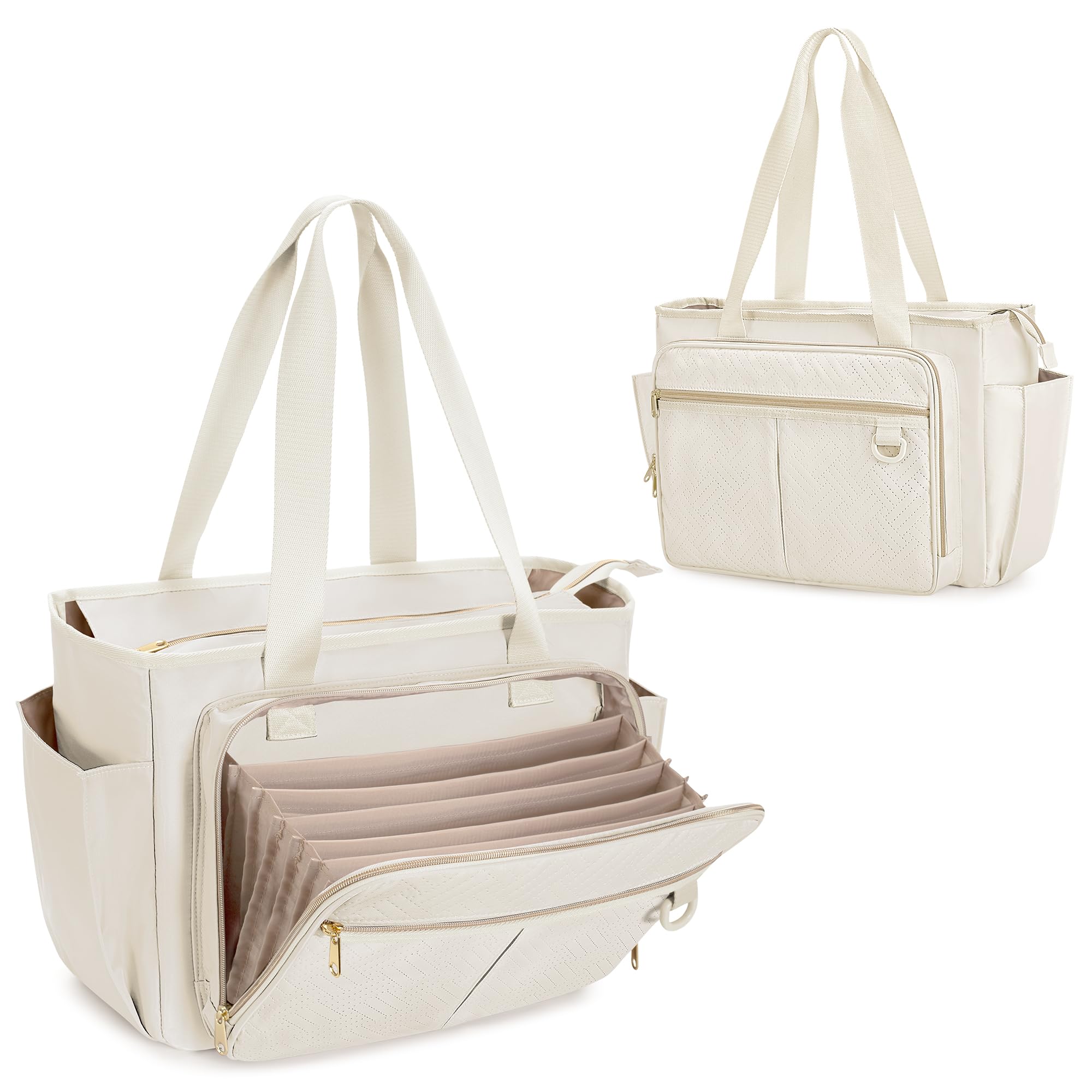 Prokva Teacher Tote Bag with Accordion File Organizer Pocket, Large Teacher Work Utility Bag for Women, Beige (Patent Design)