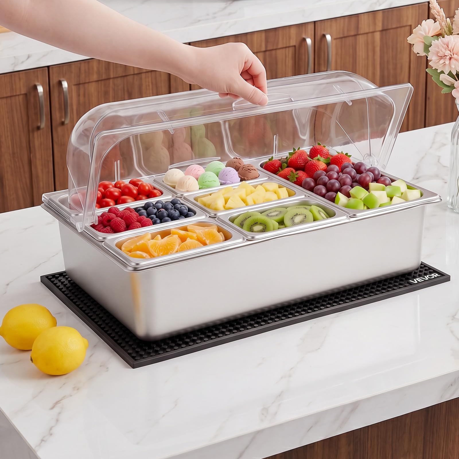 VEVOR Saladette à Poser, Vitrine Réfrigérée à Ingrédients en Inox, pour Fruits Buffet Froid Hôtel Restaurant Bar, Station de Garnitures avec 7 Bacs GN 1x1/3 et 6x1/9, Couvercle Rabattable Transparent
