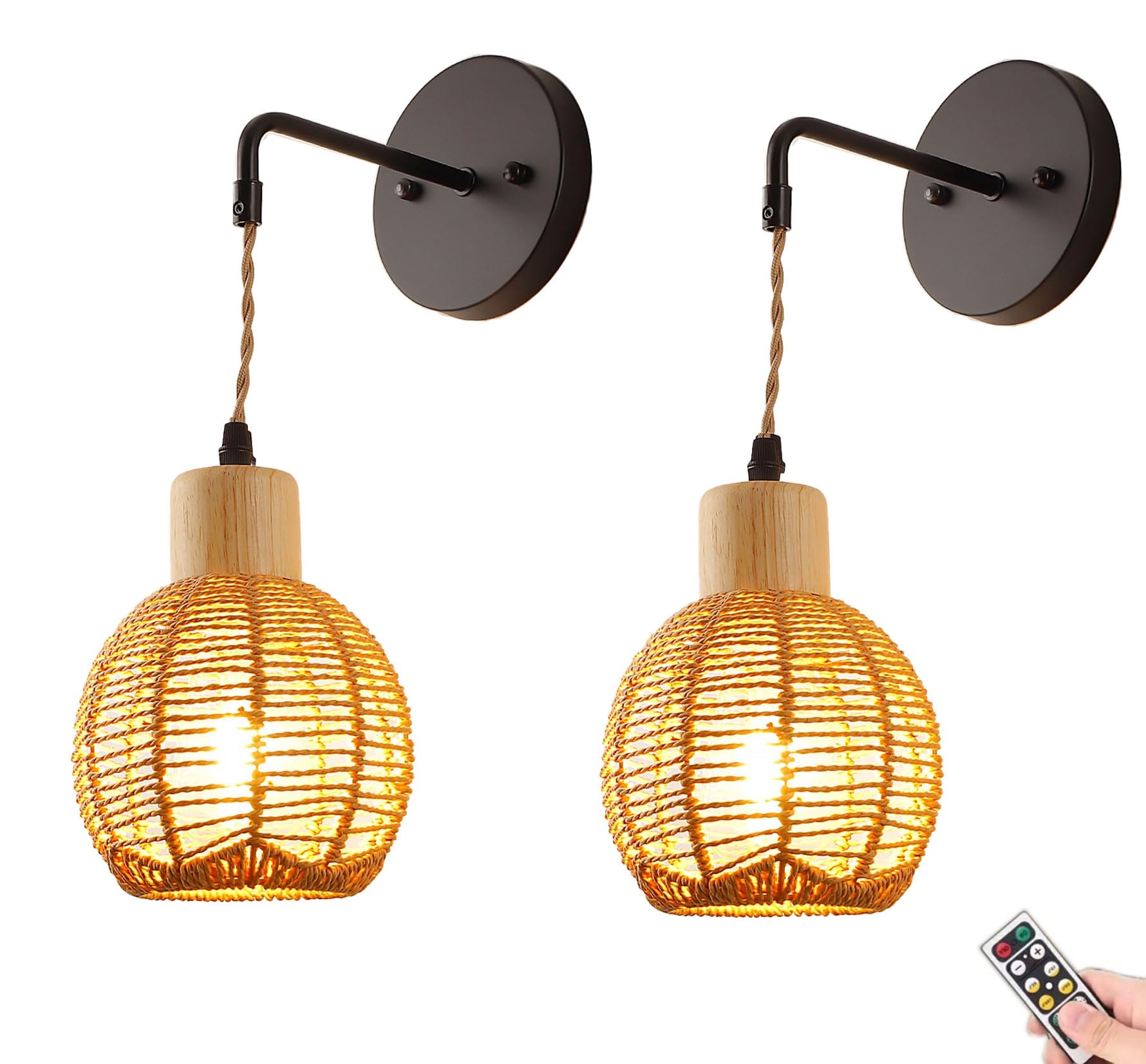 HXYSXHJUO Battery Operated Wall Sconces, Wireless Rattan Light Fixture, Dimmable Lamp with Remote, Ideal for Bedroom, Living Room, Bathroom, Hallway
