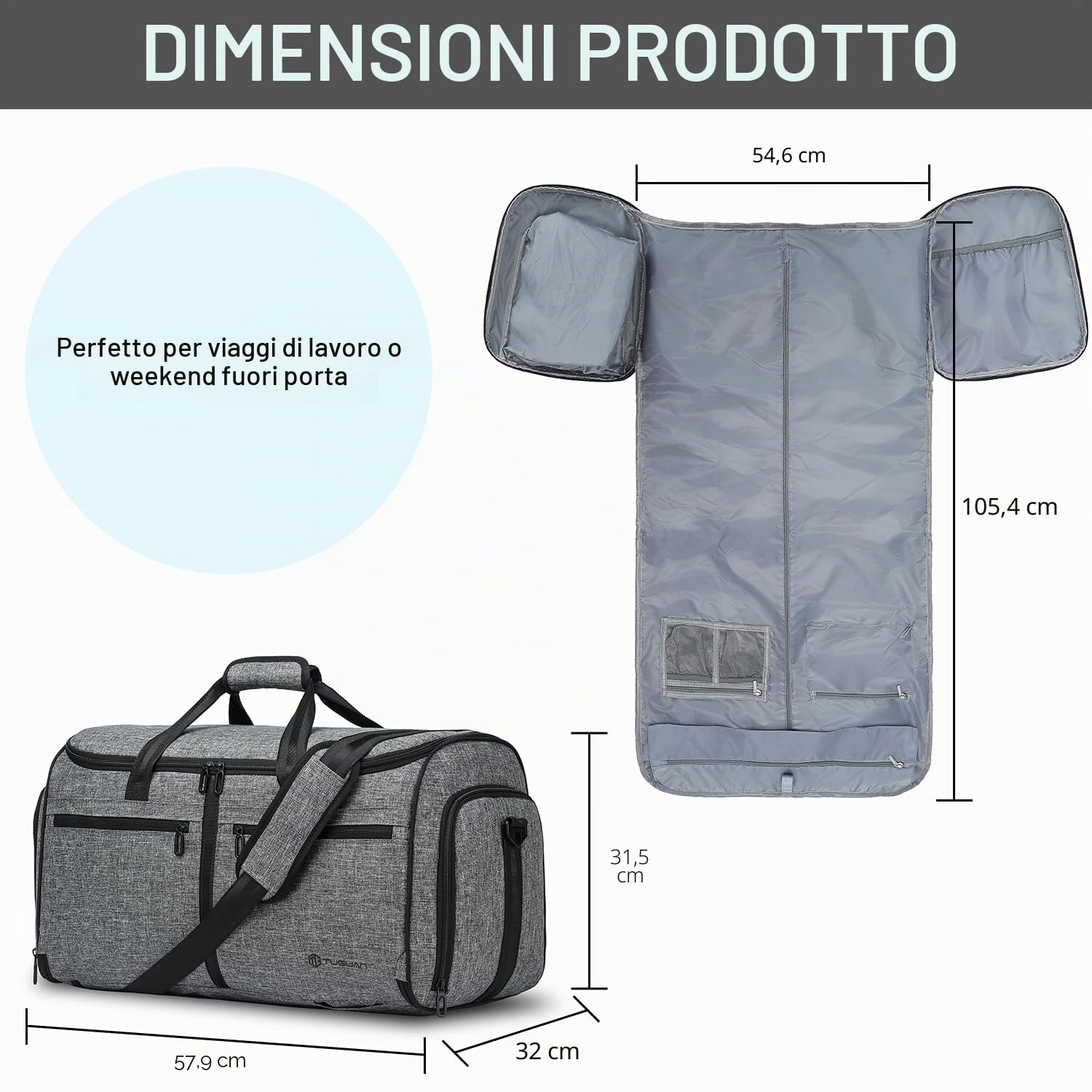TUGUAN Borsa Porta Abiti da Viaggio Uomo 58L con Scomparto per Scarpe e Funzione Zaino 3 in 1 Borsone da viaggio Convertibile per Viaggi D'affari, Matrimoni, Grigio