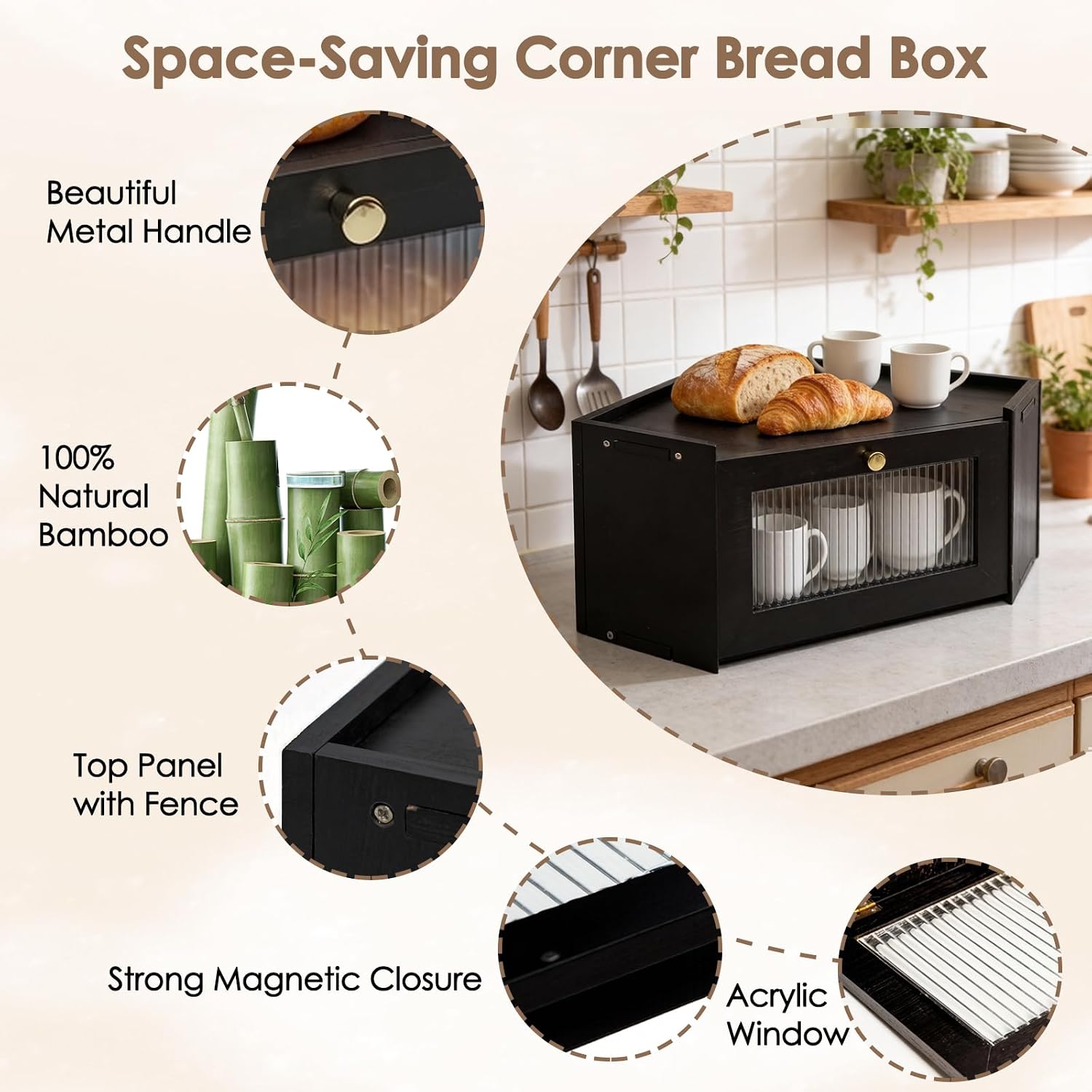 Bread Box, Corner Bread Box, Corner Bread Box for Kitchen Countertop, Bamboo Bread Box, Wooden Bread Boxes with Mortise and Tenon Structure, Bread Bin with Wavy Acrylic Door for Homemade Bread (Black)