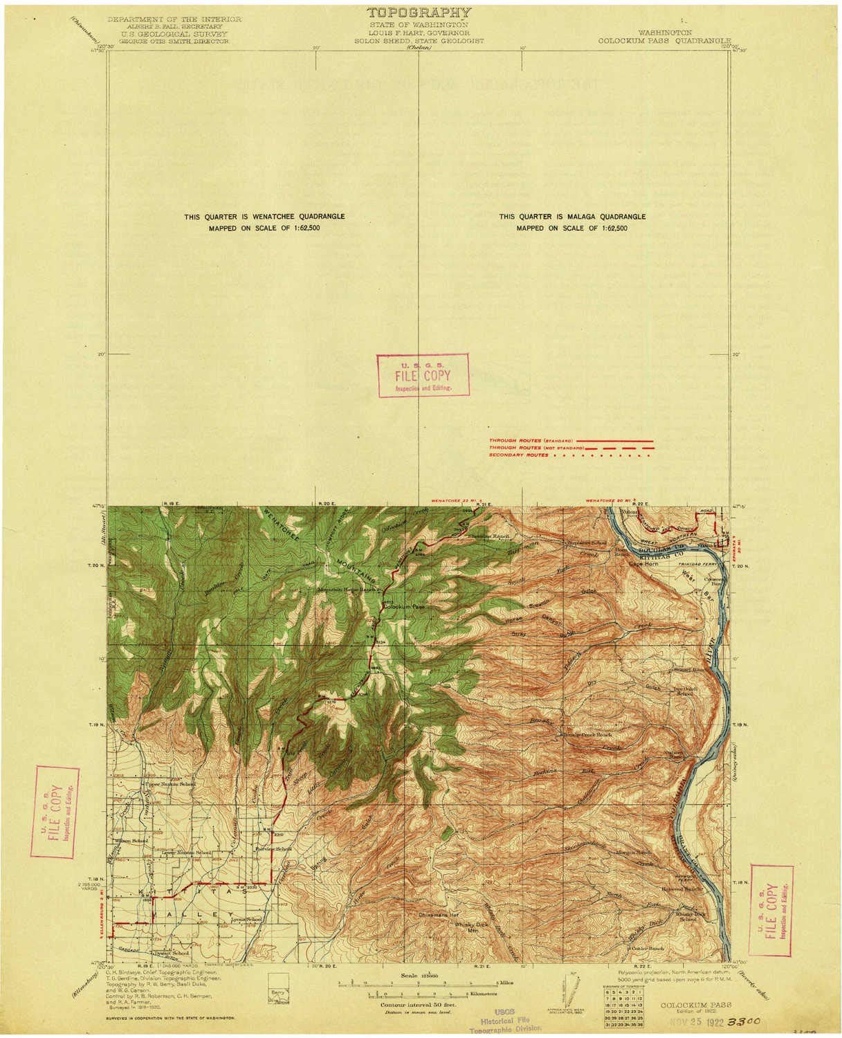 YellowMaps Colockum Pass WA topo map, 1:125000 Scale, 30 X 30 Minute, Historical, 1922, 19.9 x 16.2 in