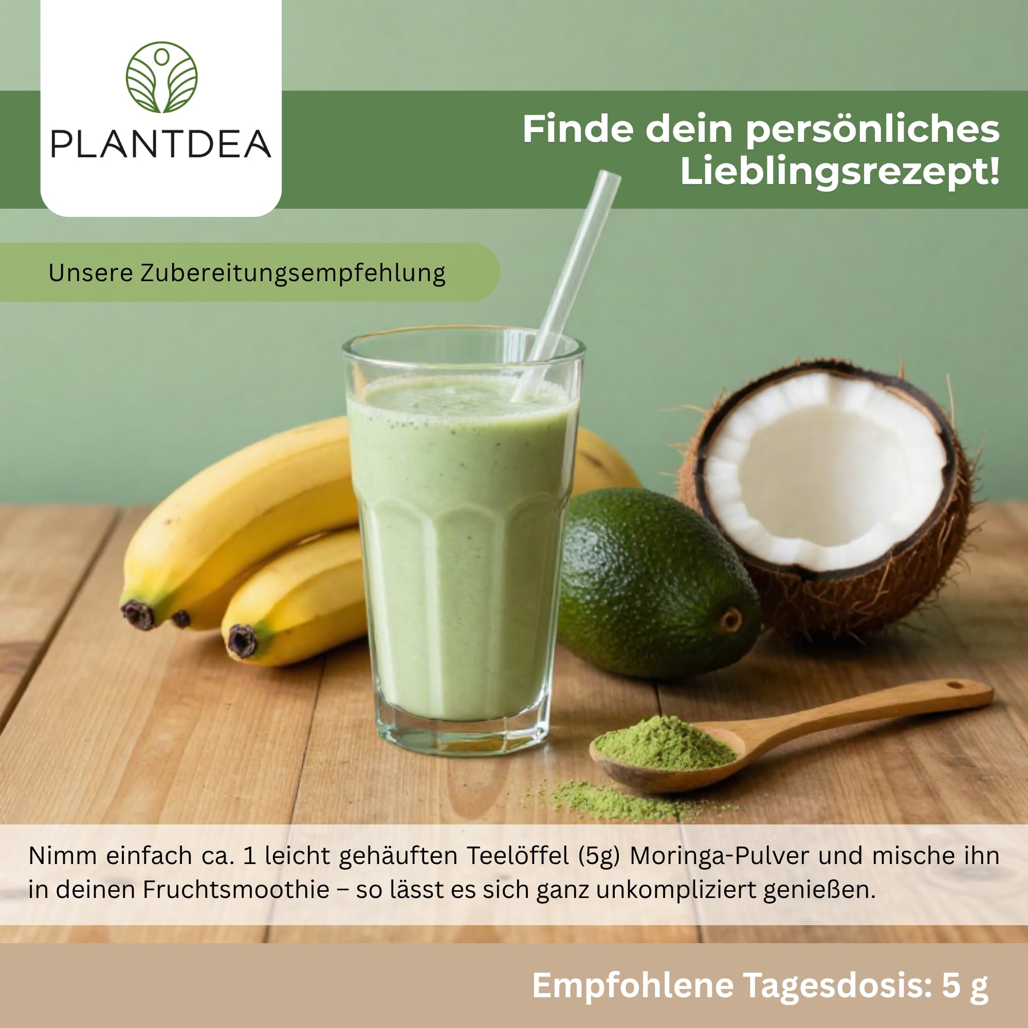 PlantDEA I Polvo de moringa orgánico (1000 g) I 100% polvo de moringa orgánico I rico en vitaminas, minerales y antioxidantes I ideal como fuente de proteína vegetal