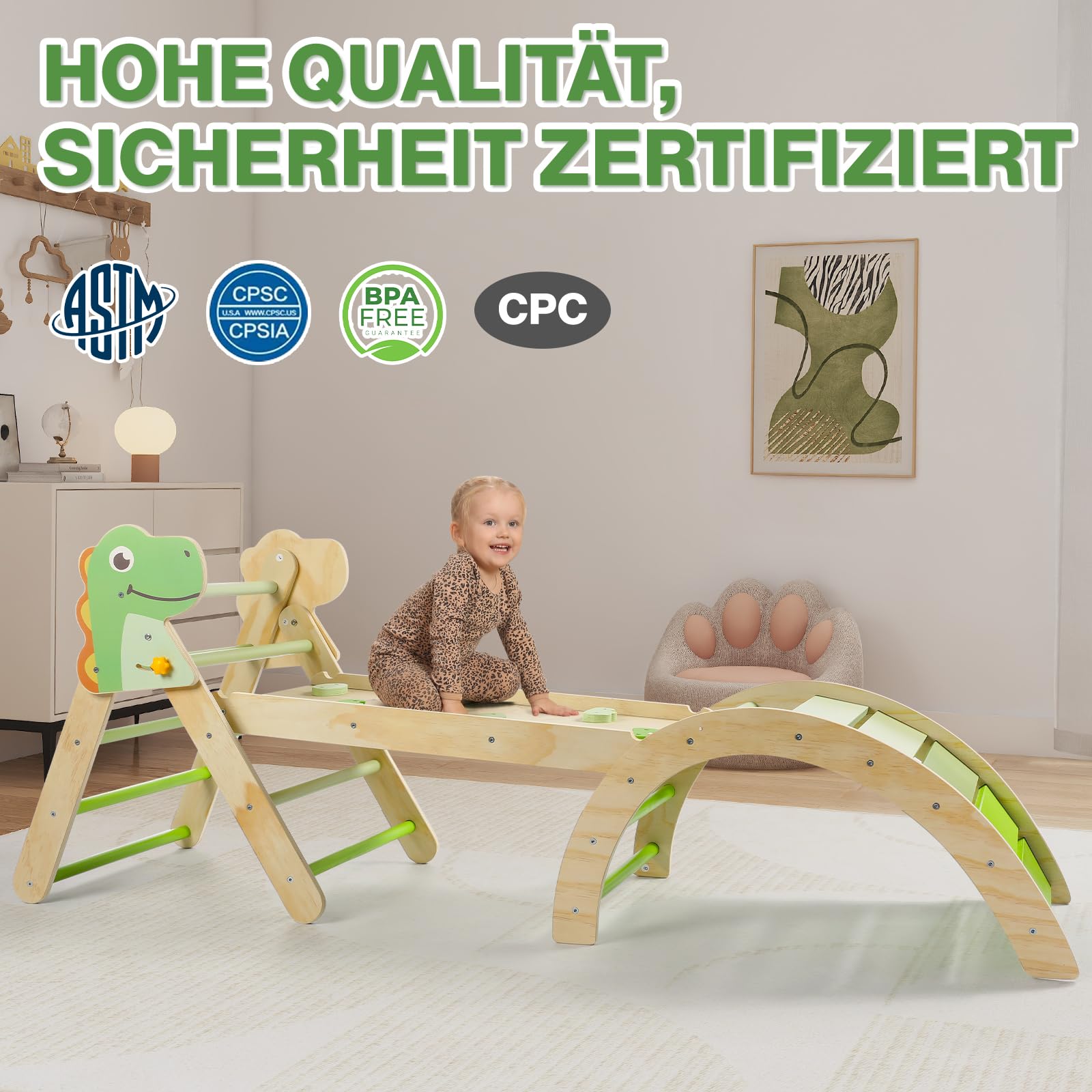 7-in-1 Montessori Kletterdreieck Set mit Rutsche, Kletterbogen & weichem Kissen – Holz Klettergerüst für Babys & Kleinkinder, Indoor Spielgerät, faltbar & sicher (Dinosaur)