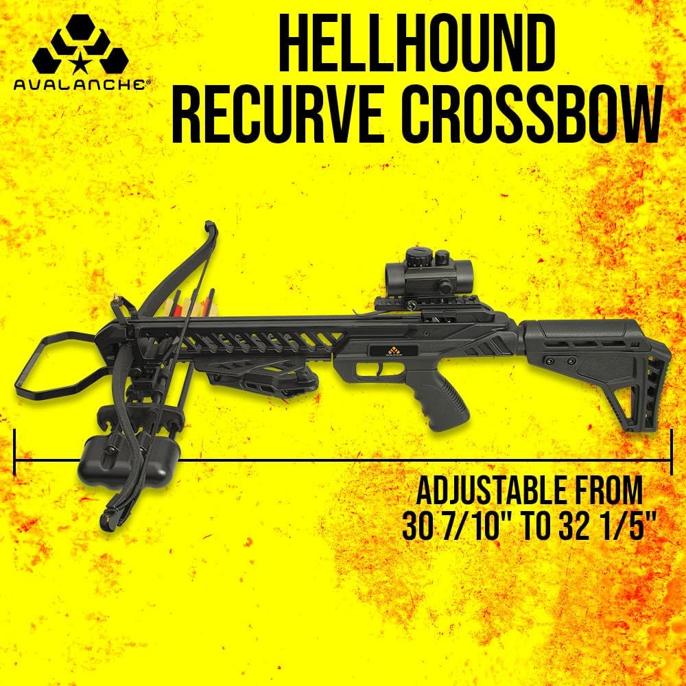 Avalanche Hellhound Recurve Crossbow | Scope, Bolts, Cocking Rope, Quiver Included | 175-Lb Draw Weight | 255 Fps with 16" Aluminum Arrow | Adjustable Composite Butt Stock | Scope Included