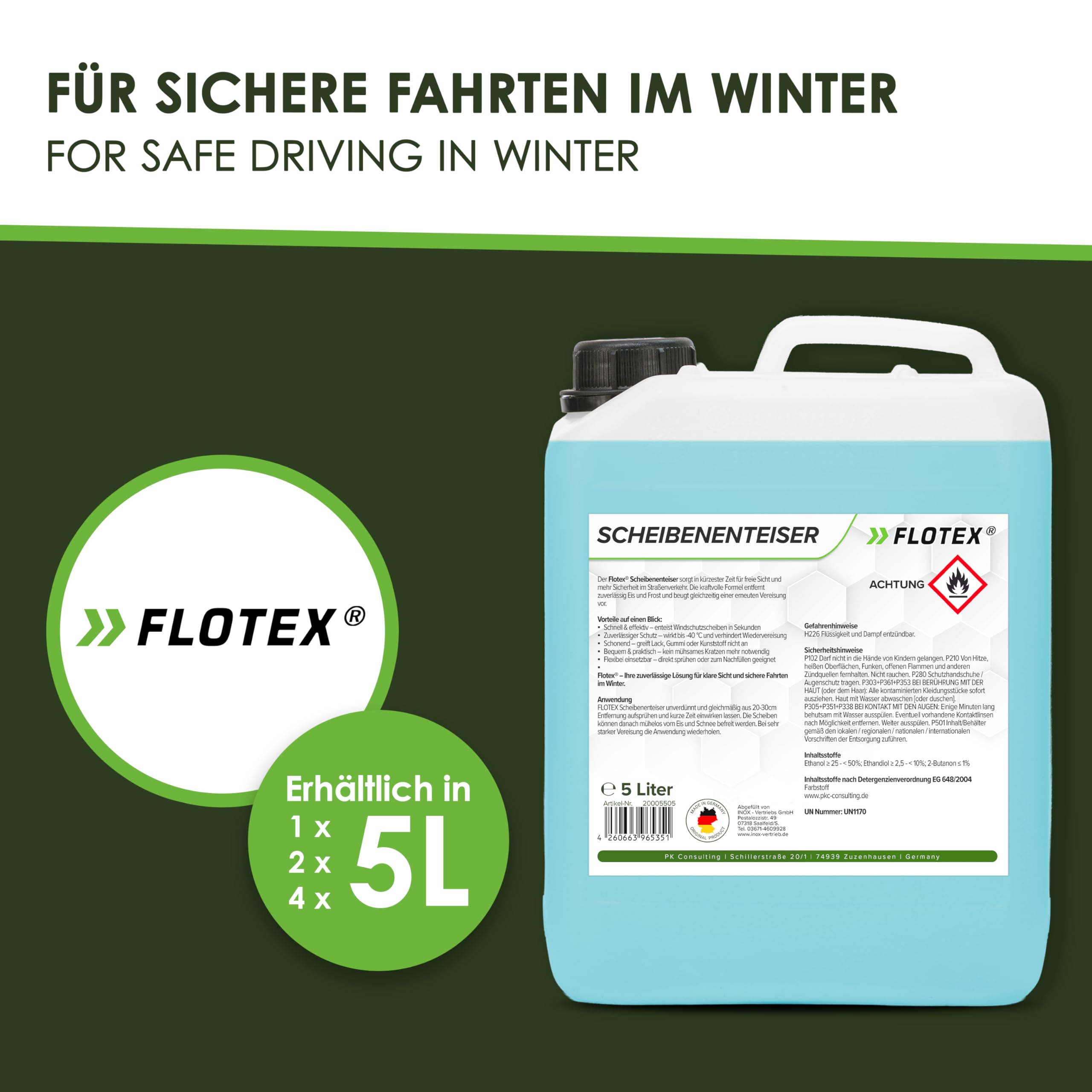 Scheibenenteiser Auto (4x5L) hochwirksam & ohne Kratzen | Scheibenfrost Enteiser Auto verhindert zuverlässig Wiedervereisung | Scheiben EIS Entferner sehr effektiv bis -40°C | Made in Germany