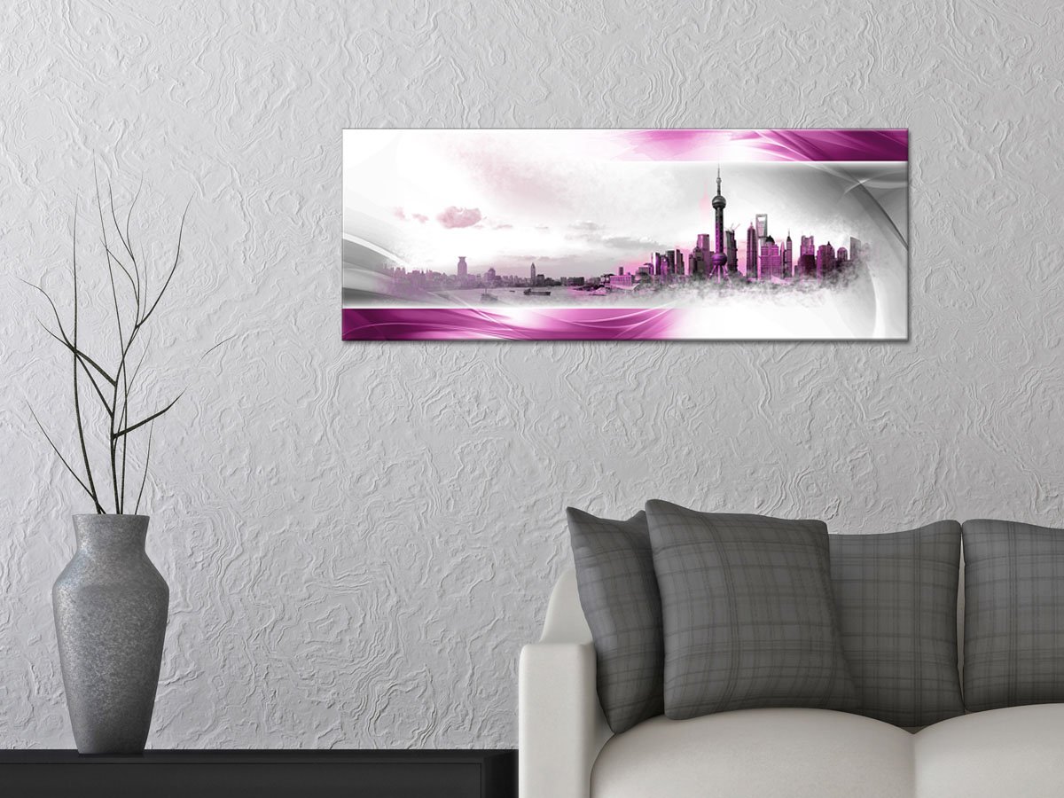 Declina, Quadro decorativo da parete per soggiorno moderno, quadro decorativo da parete, tela panorama di Shanghai rosso 100 x 35 cm, CANVAS, Violet, 100x35 cm