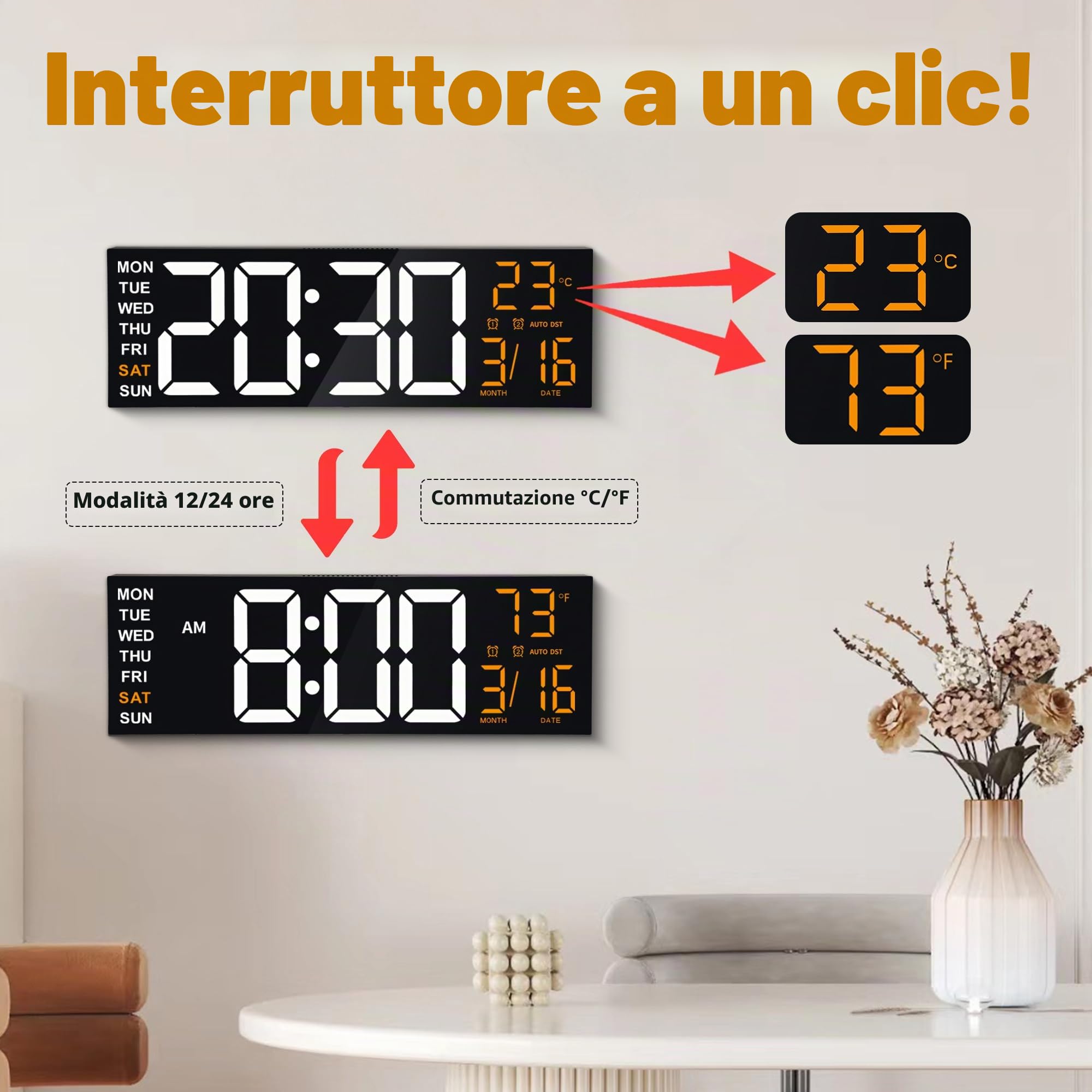 Maxstar 16 "Orologio da parete digitale grande con display LED e telecomando a 8 RGB,rumori allarmi doppi,DST,temperatura,data,luce notturna per camera da letto/ufficio/soggiorno/palestra/sala giochi
