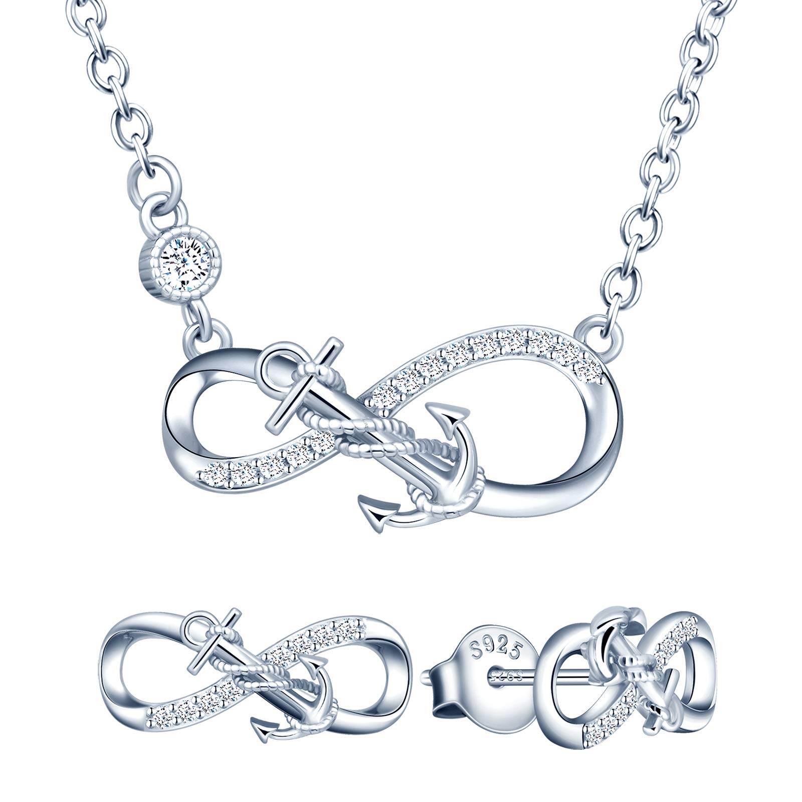 Yumilok - Conjunto de joyas para collar y pendientes, colgante y pendientes de ancla y símbolo de infinito de plata 925, joyas para mujer y niña, circonita incrustada