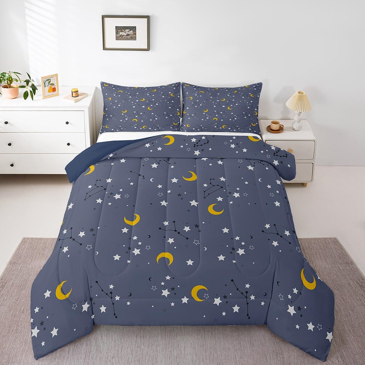 Erosebridal Stars Constellation Kids Bedding Navy Blue Grey Galaxy Space Twin Comforter Set for Boys Girls Moon Zodiac Print Bedding Comforter Sets,