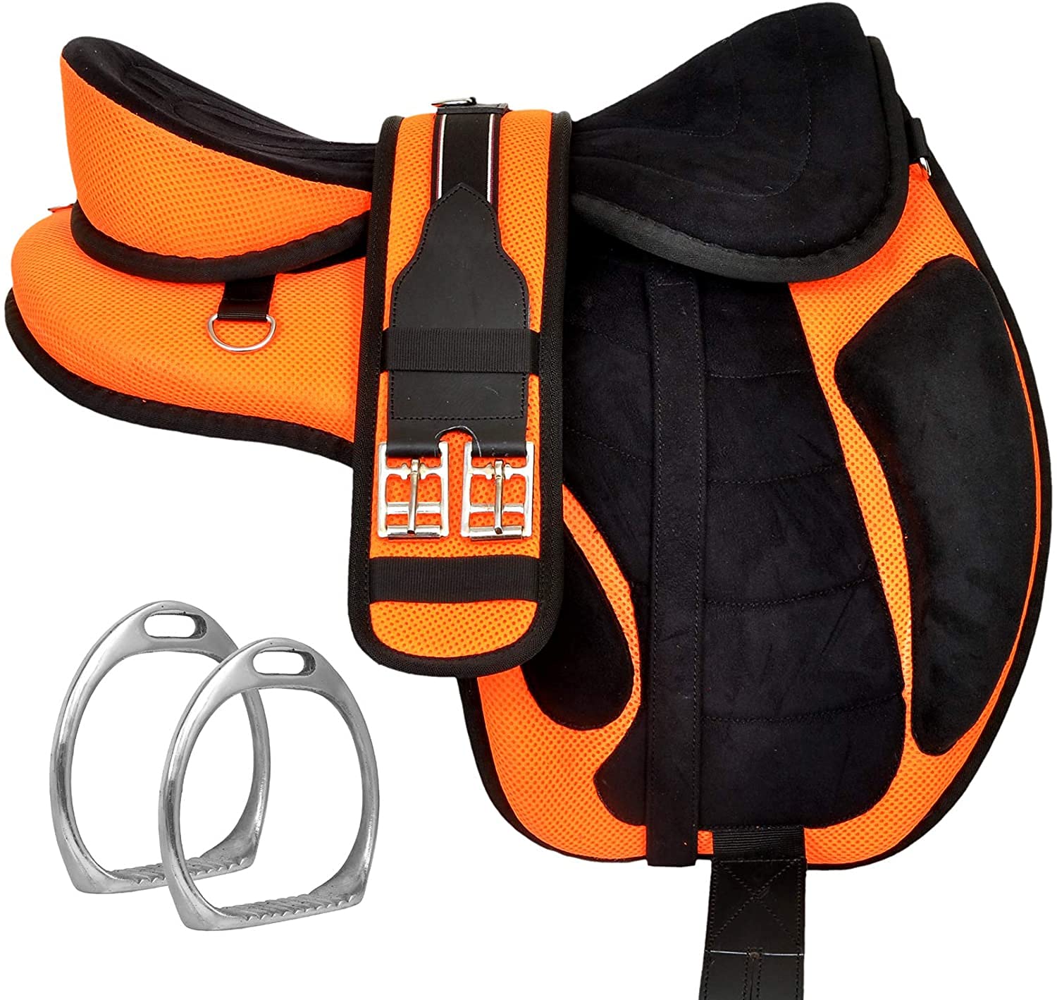 Synthetic Treeless Freemax English Horse Saddle with Matching Girth and Aluminum Stirrups Pair Set (Orange, 13 Inches Seat)