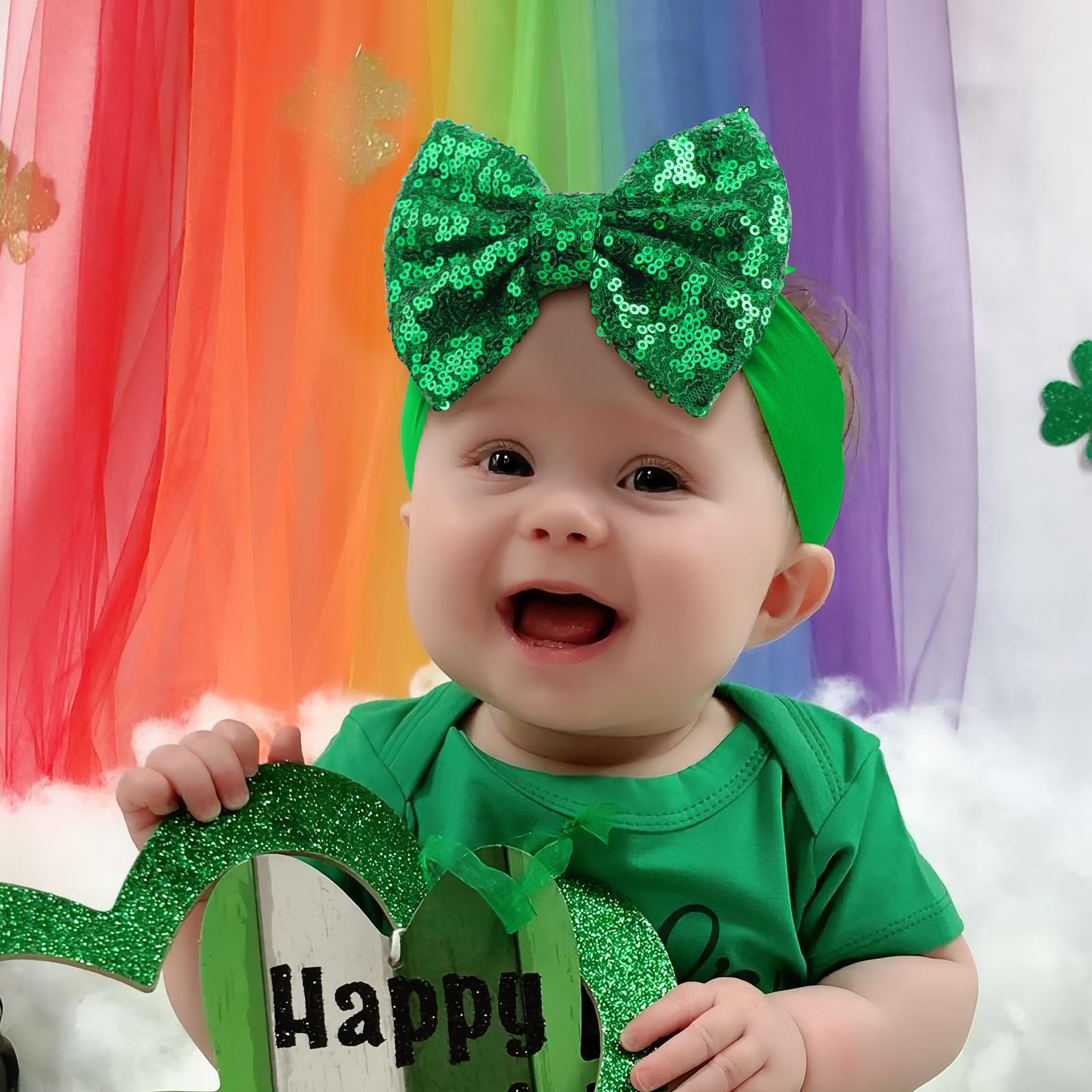 Lanmerry St Patricks Day Bow Baby Girl Hair Bows Clover Headbands Sequins Large Bows Green Hair Accessories Shamrock Headbands for Girls Infants Toddlers