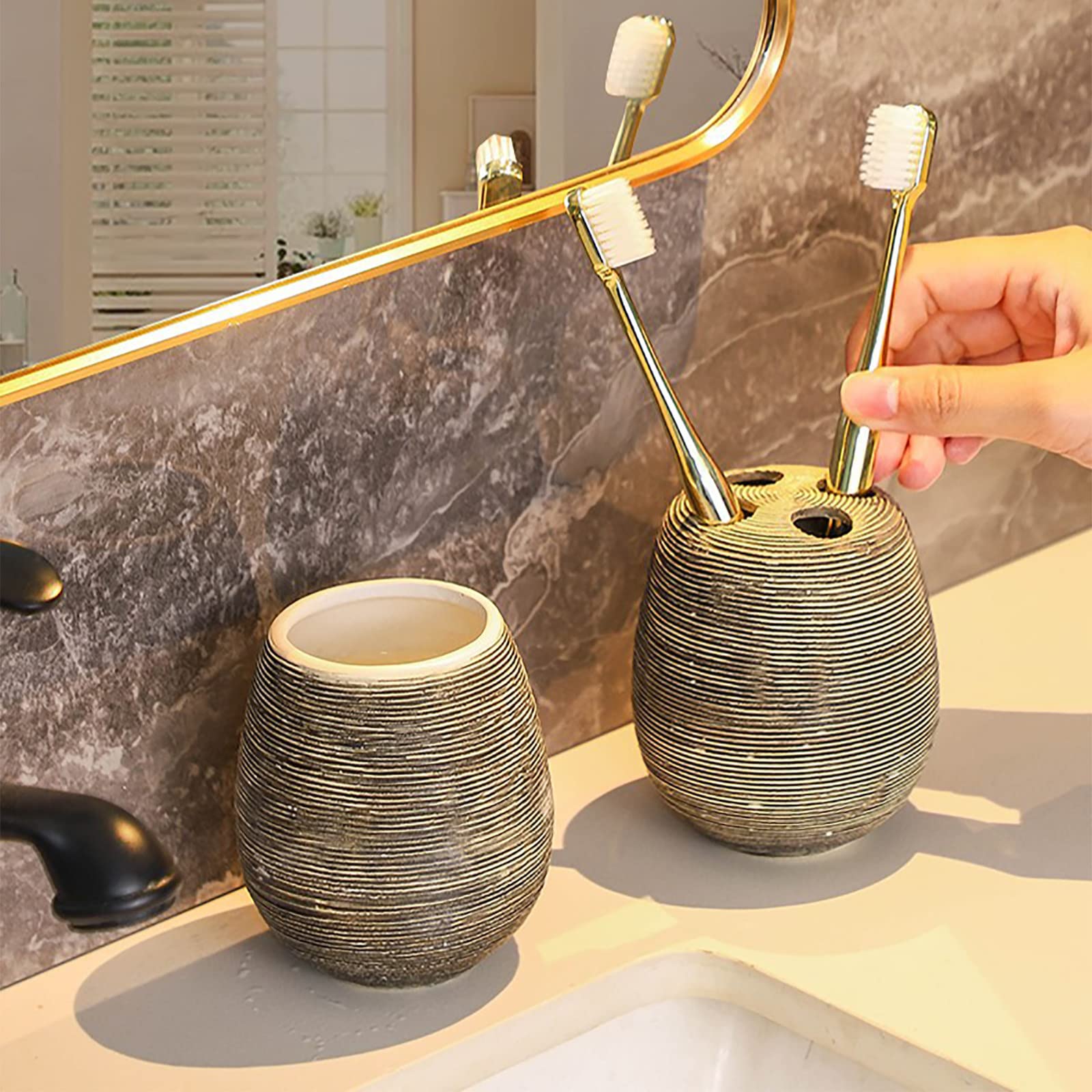 Juegos de Accesorios de baño, Acesorios Cuartos de Baño 5 Piezas con Dispensador Jabon Baño, Jabonera Baño, Porta Cepillo de Dientes, para Champú Gel de Ducha Cerámica Gris