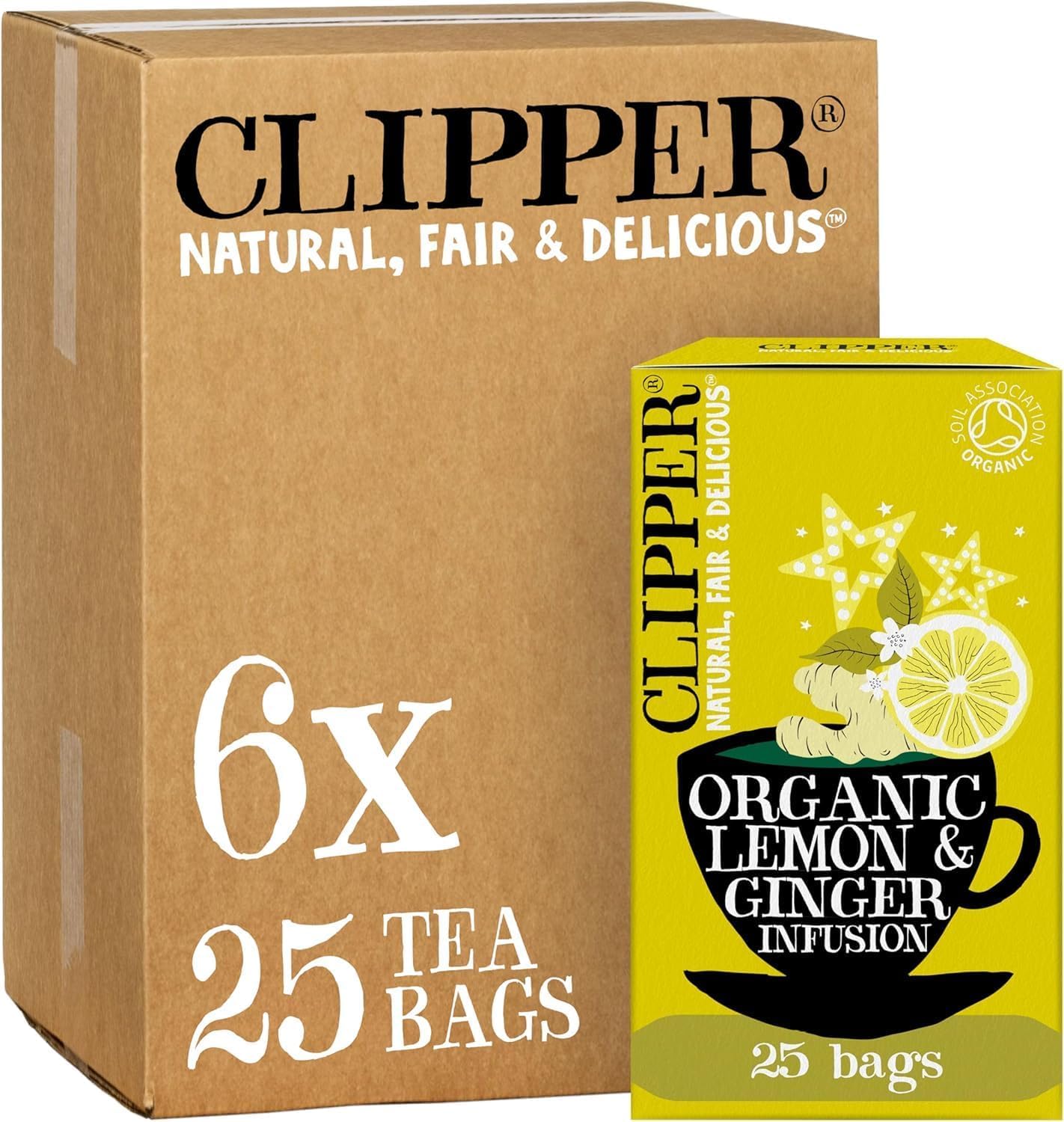 Clipper Organic Lemon & Ginger Tea Bags | 150 Teabag Sachets (6x Boxes of 25) | Bulk Buy, Home & Catering | Caffeine-Free Herbal Tea Bags | Eco-Conscious, Natural, Unbleached & Biodegradable