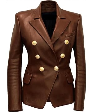 JJackin Womens Real Lambskin Leather Double-Breasted Blazer Gold Button Style Blazers Jacket for Women