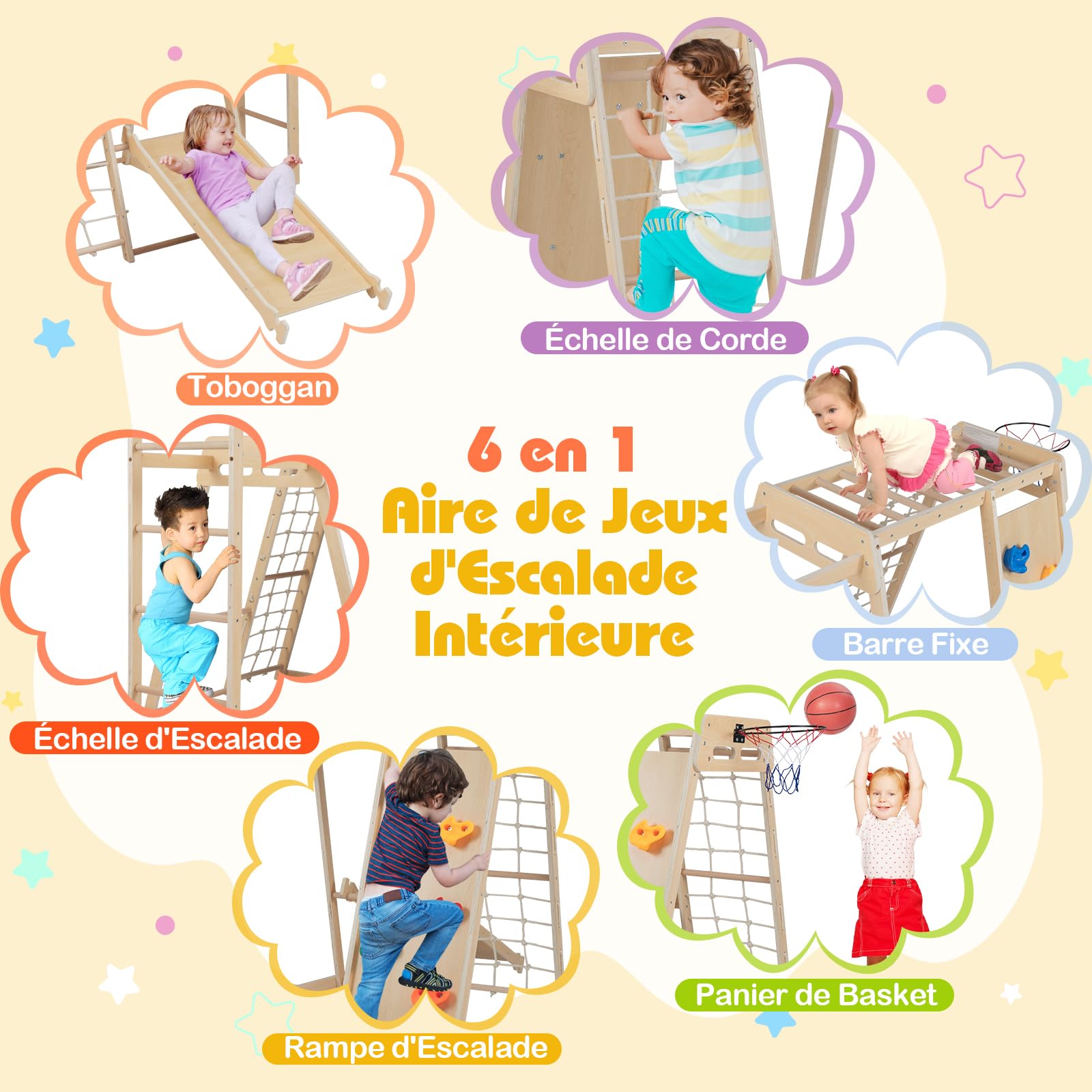 COSTWAY 6 en 1 Aire de Jeux d'escalade Intérieure en Bois avec Toboggan & Rampe, Triangle d'escalade Montessori Enfant avec Échelle & Panier & Barre de Singe, Charge 75kg pour 3-14 Ans