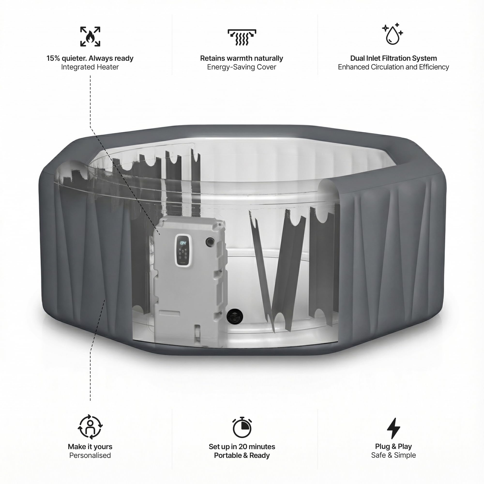 SPA Inflable Wave | Calentador ecológico Integrado | Sistema de Masaje Aquajet | Protección anticongelante | Configuración rápida de 15 Minutos (Aegean, 6 Personas | Gris Oscuro)