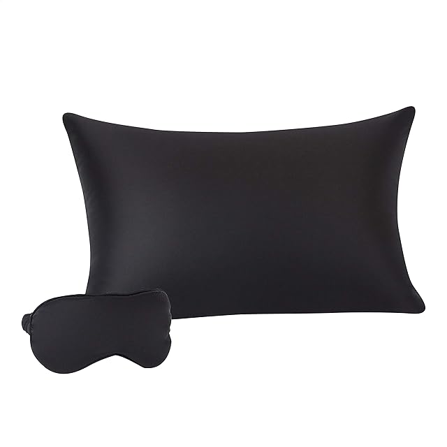 Amazon Basics 100% Mulberry Silk Sleep Set for Hair and Skin with Pillowcase, Eye-Mask and Travel Pouch  Dual Side 19 Momme Silk, Black, 50 x 75 cm