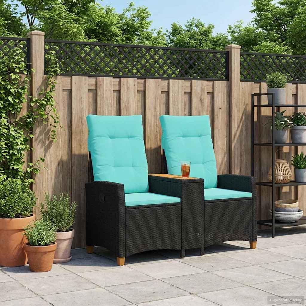 Rattan Gartenbank mit integriertem Tisch und Verstellbarer Rückenlehne, 2-Sitzer Poly-Rattan Liegebank mit Kissen, Outdoor Relaxsessel für Garten und Terrasse, Schwarz Türkis