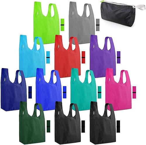 BeeGreen Paquete de 12 bolsas de compras reutilizables con elástico de 50 libras con bolsa de cremallera de poliéster, plegable, lavable, XL,