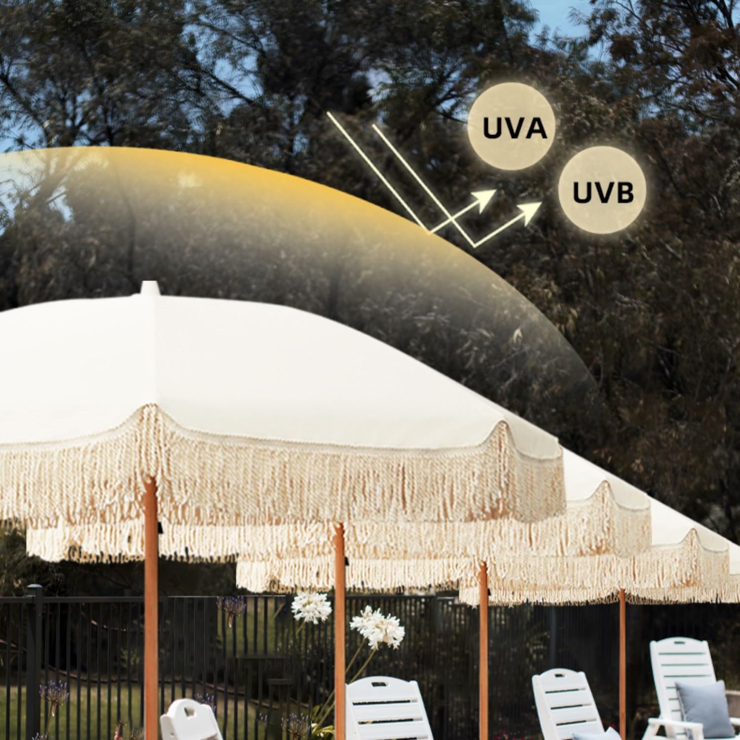 2.0m Parasol De Terrasse, Parasol De Plage Bohème En Bois Avec Ancrage, UV 50+, Baleines En Fibre De Verre, Blanc