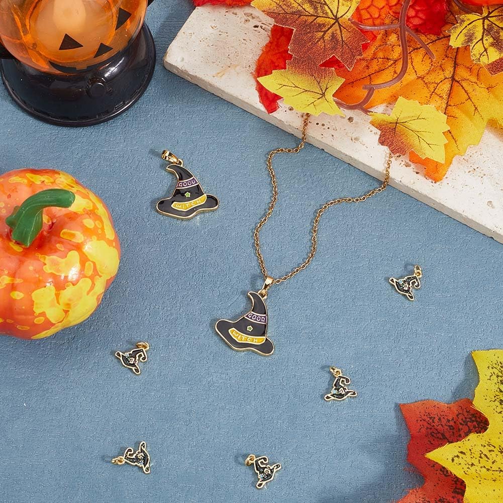 Beebeecraft 7Pcs 2 Styles Wizard Hat Charms 18K Gold Plated Black Witch Hat Halloween Charm with Cubic Zirconia Storage Box for Jewelry Making DIY Earrings Bracelets Necklace Crafts