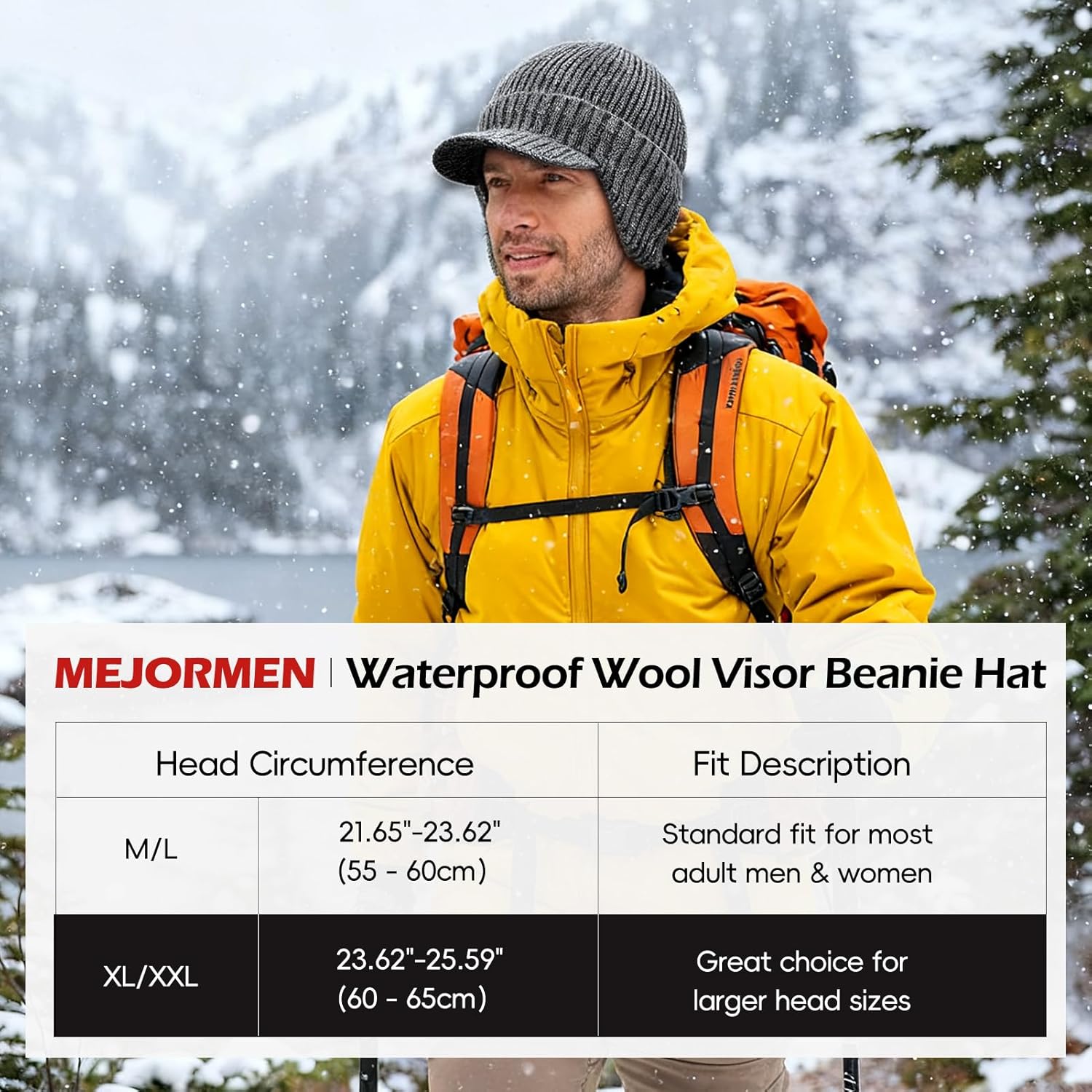 M/L/XL/XXL Waterproof Merino Wool Brim Beanie for Men with Ear Flap, Outdoor Warm Fleece Lined Knit Winter Hat for Big Heads - Image 4